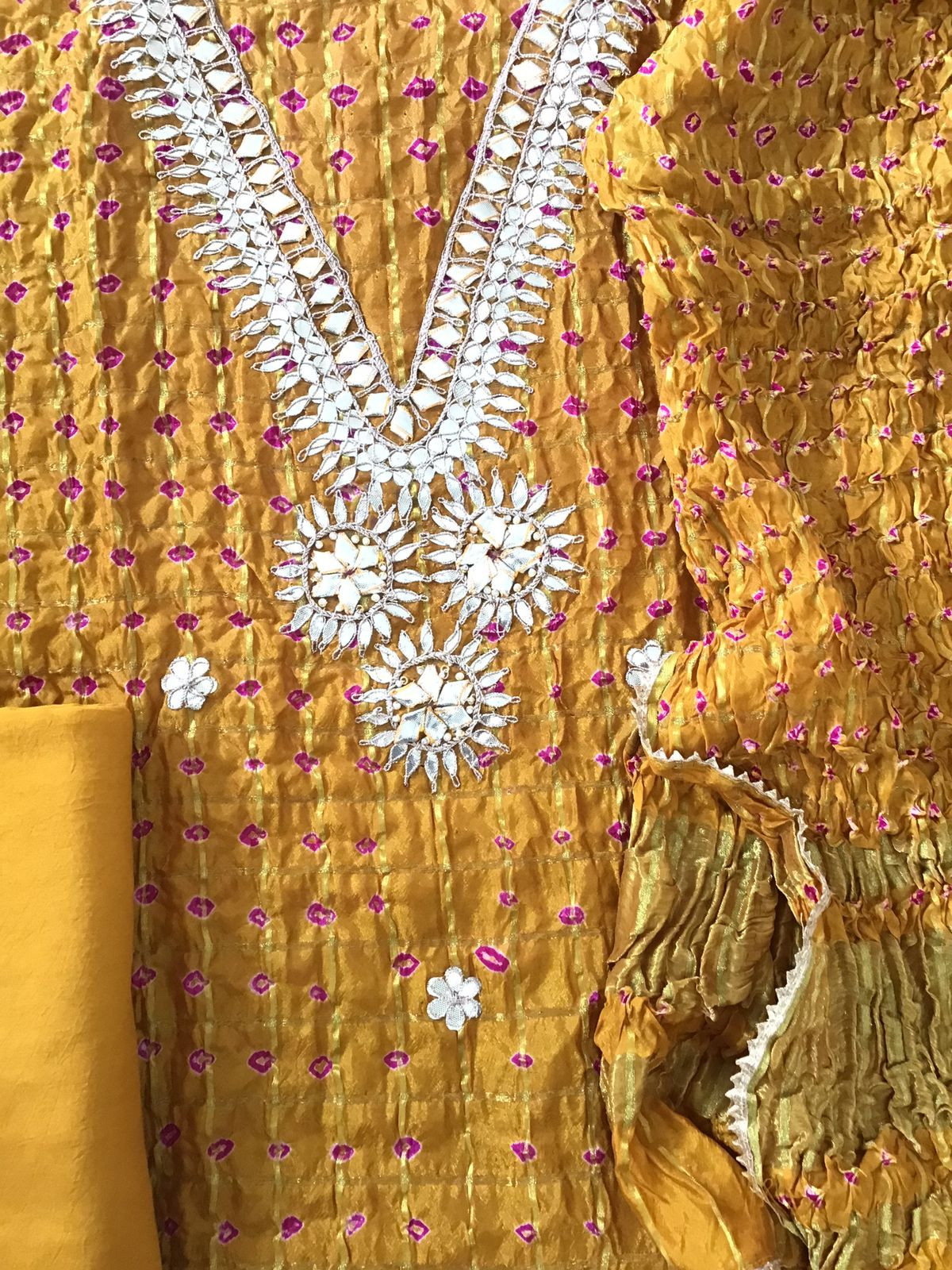 Soft Crushed Dola Silk Bandhani Printed Banarasi Weaved Suit - Yellow