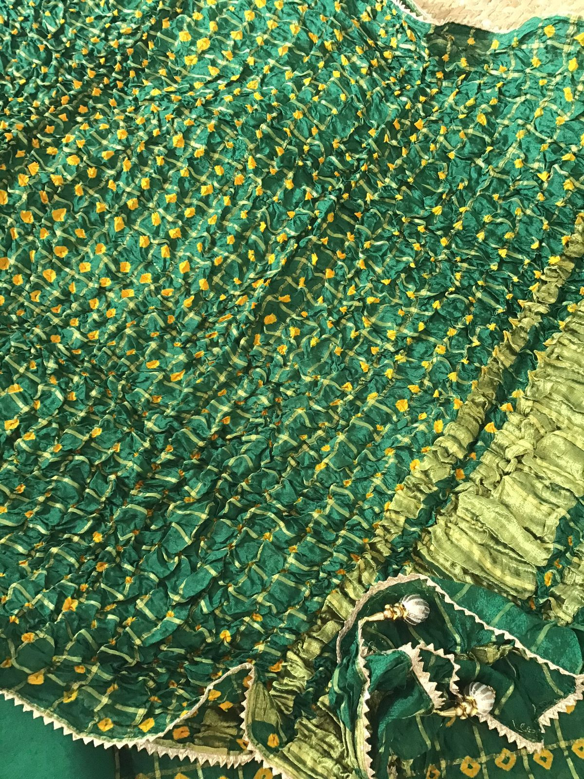 Soft Crushed Dola Silk Bandhani Printed Banarasi Weaved Suit - Green