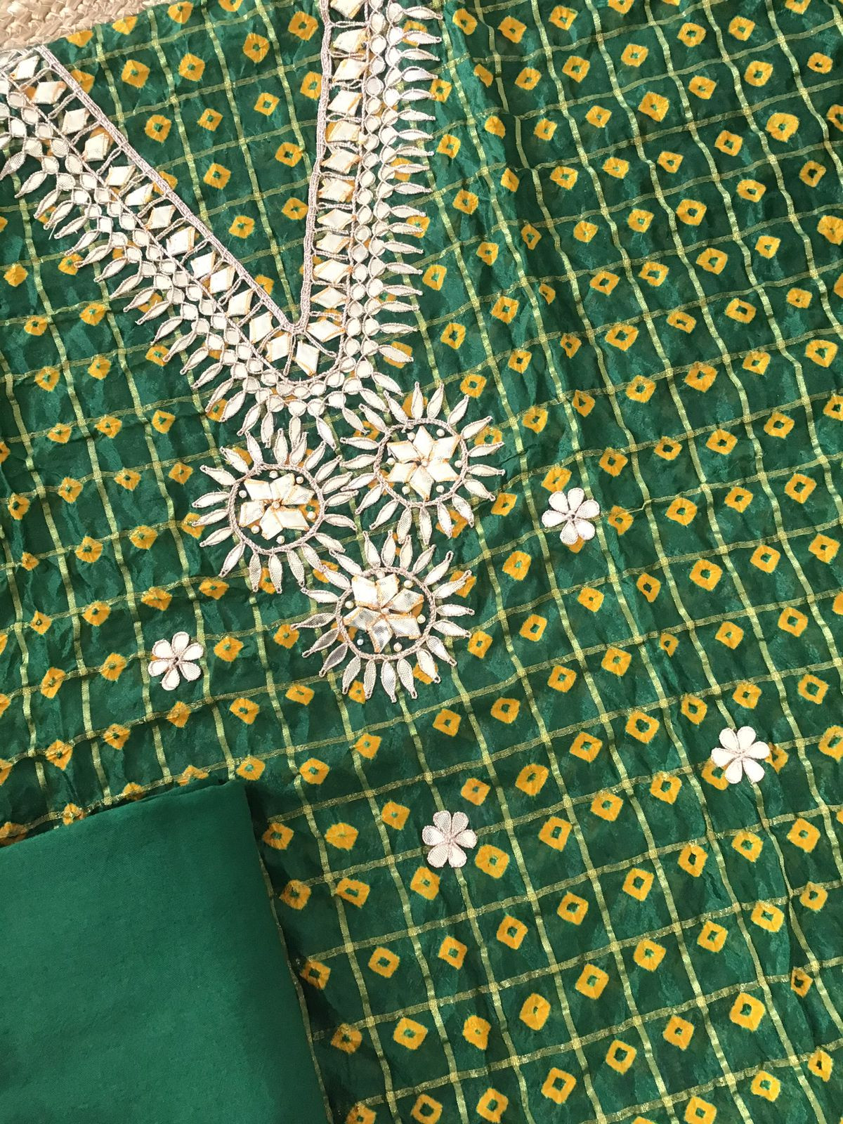 Soft Crushed Dola Silk Bandhani Printed Banarasi Weaved Suit - Green