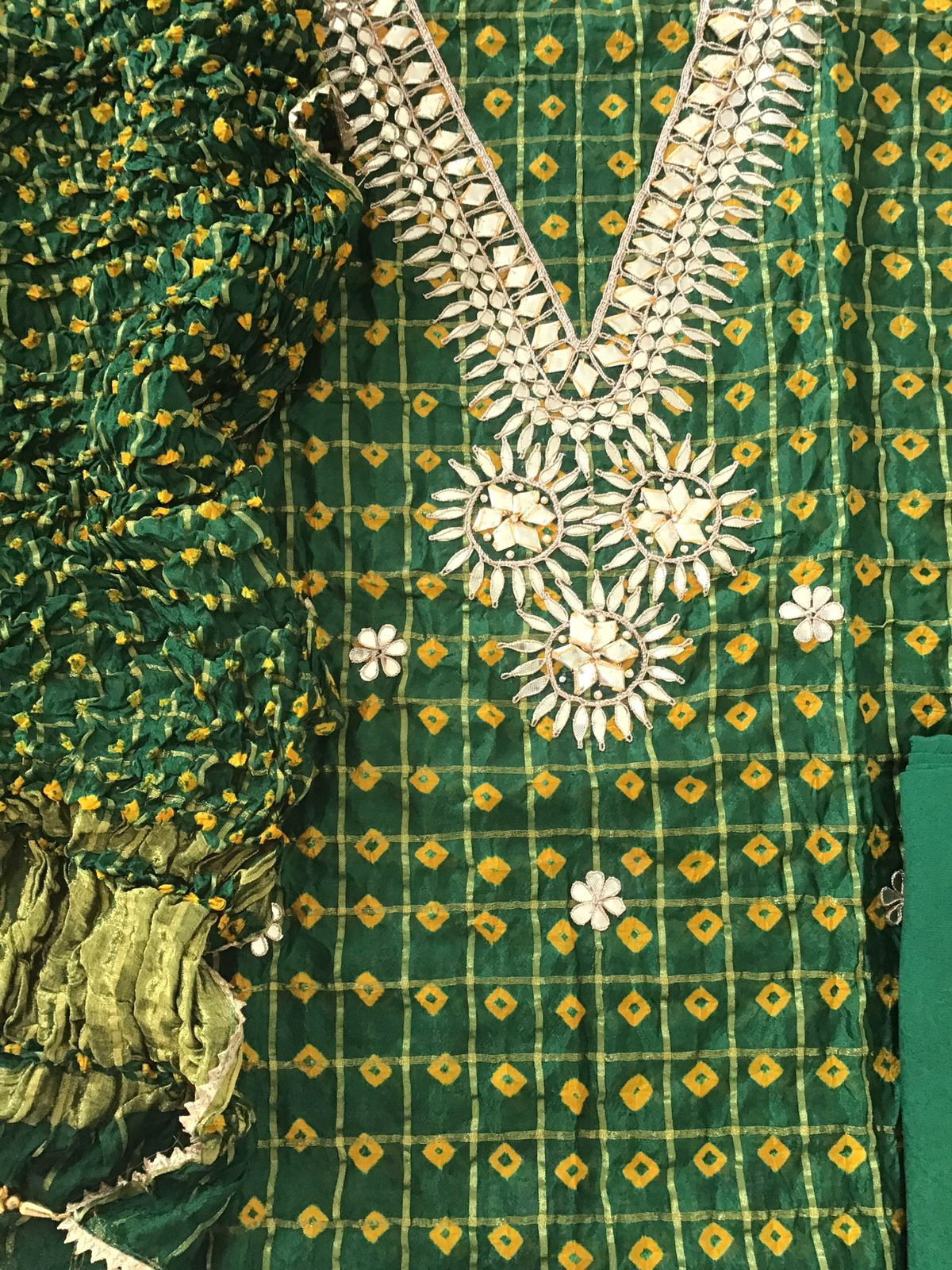 Soft Crushed Dola Silk Bandhani Printed Banarasi Weaved Suit - Green