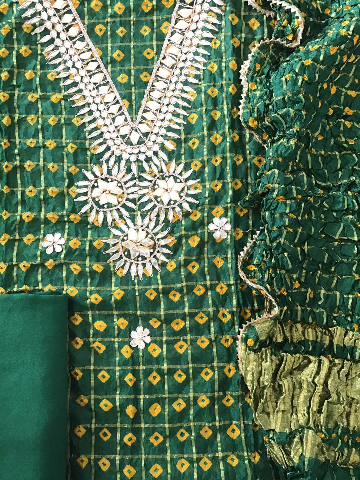 Soft Crushed Dola Silk Bandhani Printed Banarasi Weaved Suit - Green