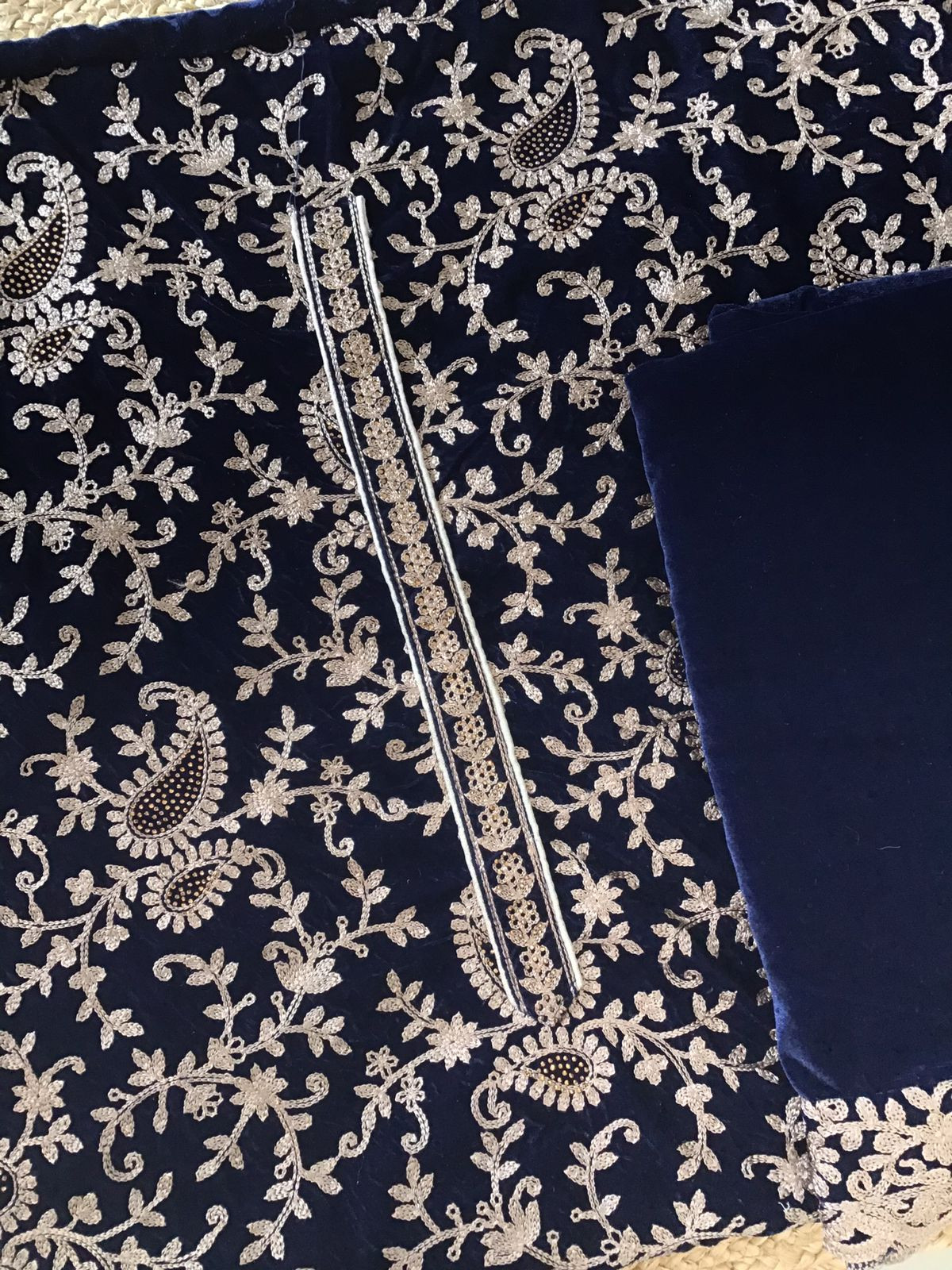 Soft Fine Heavy Velvet Embroidered Suit - Blue