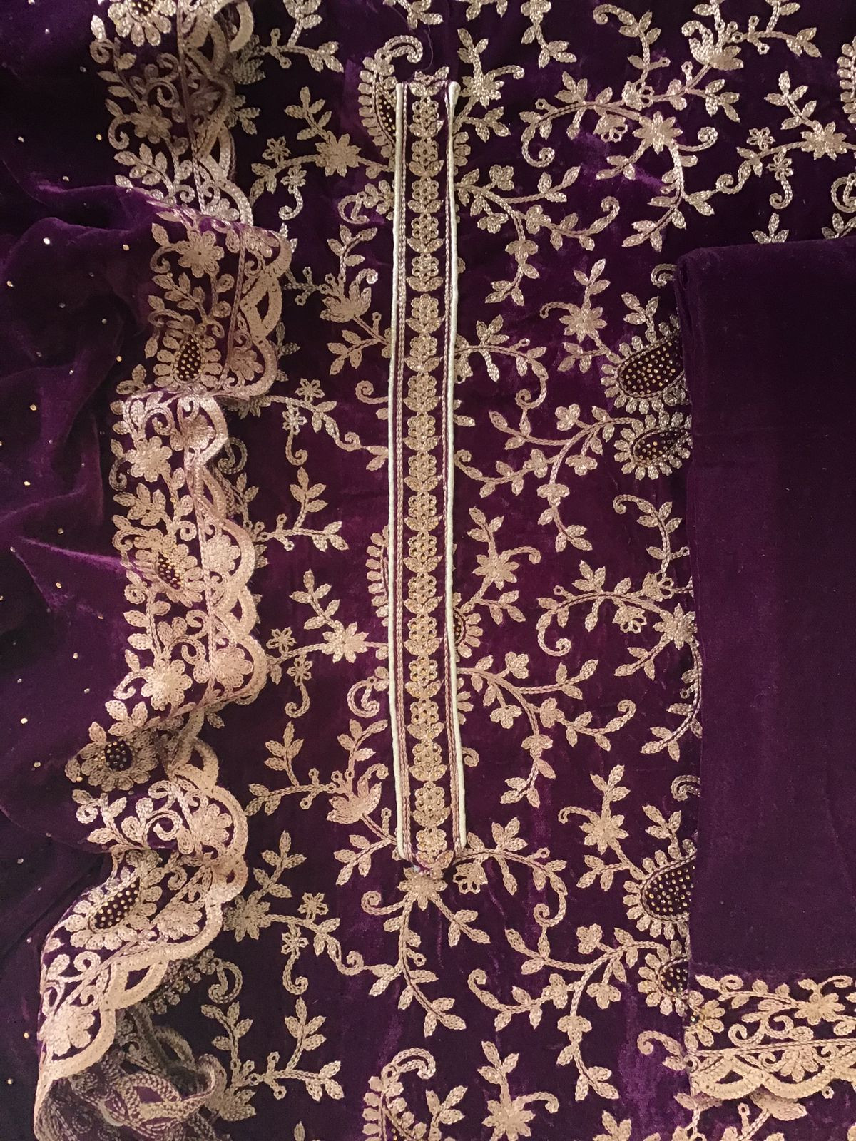 Soft Fine Heavy Velvet Embroidered Suit - Wine