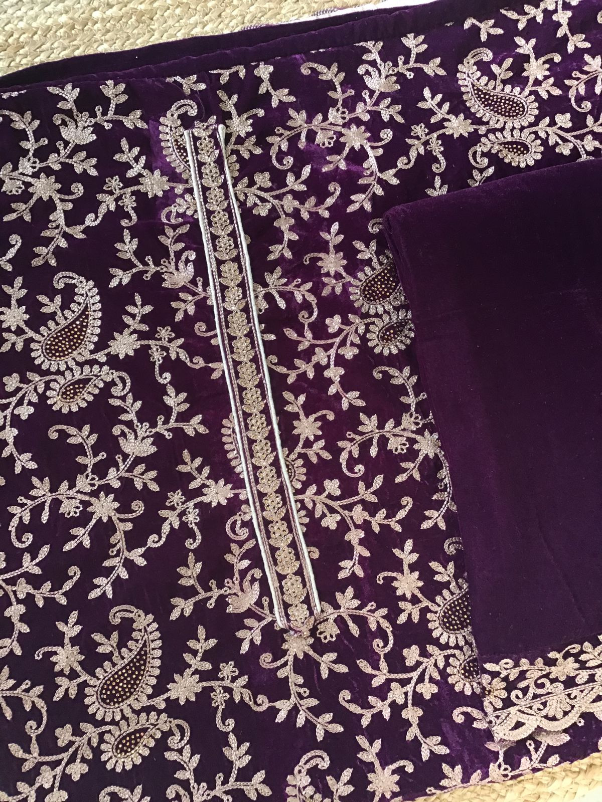 Soft Fine Heavy Velvet Embroidered Suit - Wine