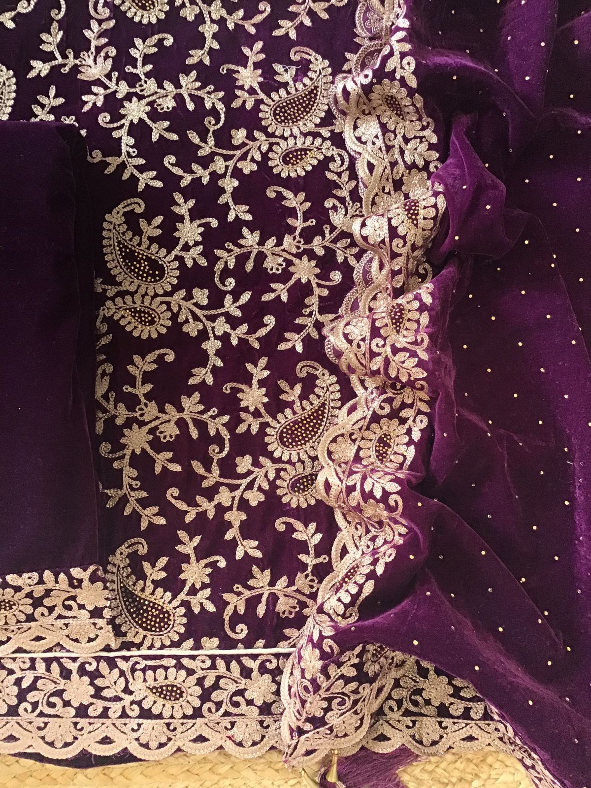 Soft Fine Heavy Velvet Embroidered Suit - Wine