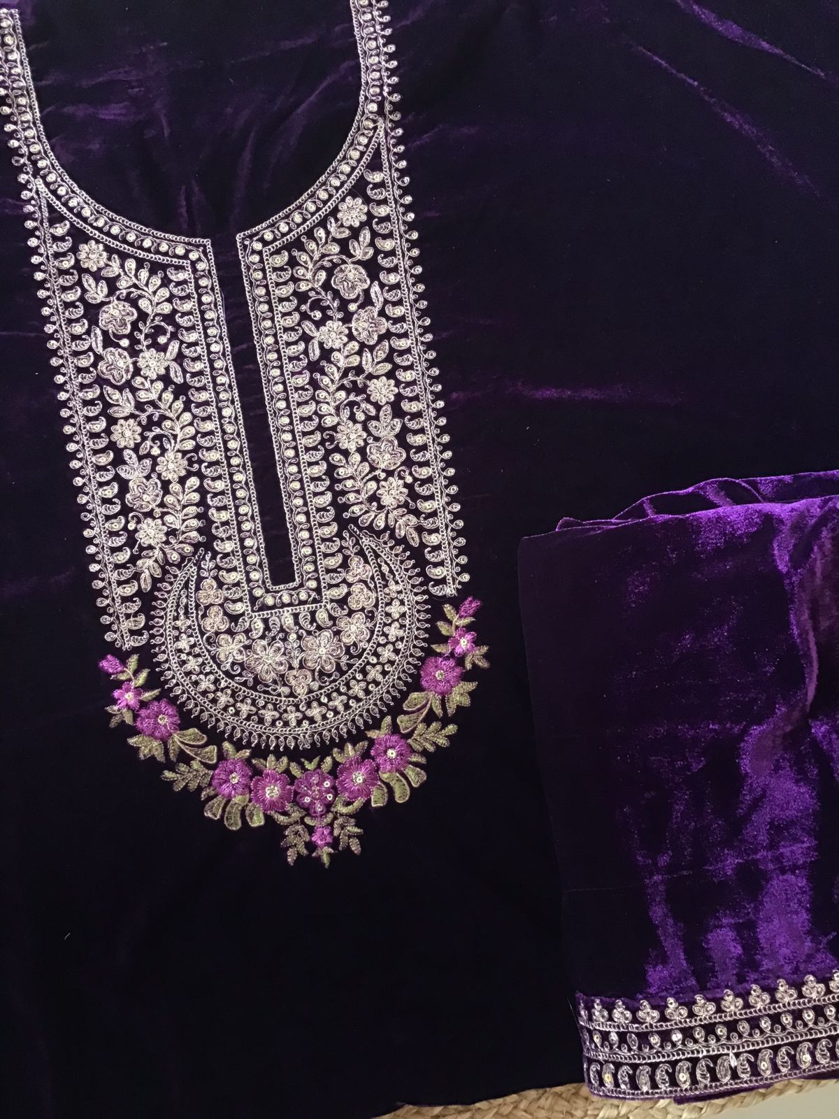 Soft Fine Heavy Velvet Embroidered Suit - Violet