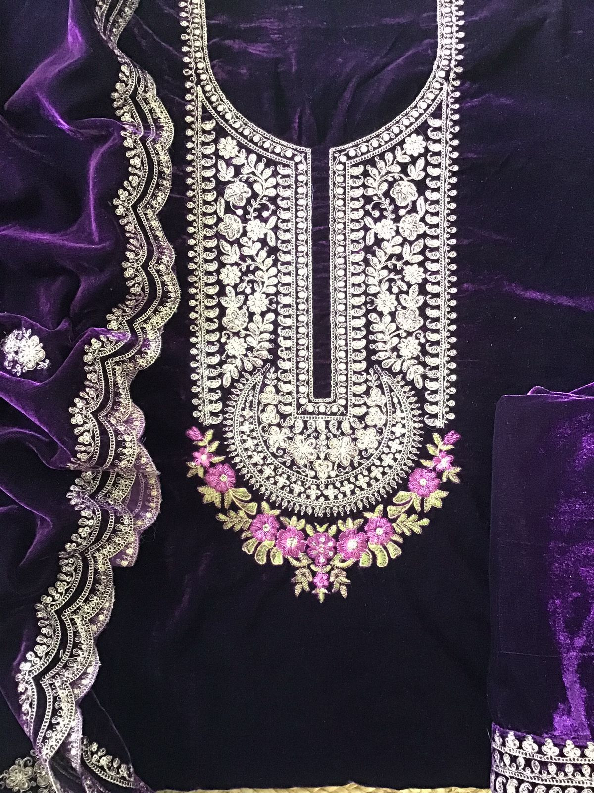 Soft Fine Heavy Velvet Embroidered Suit - Violet