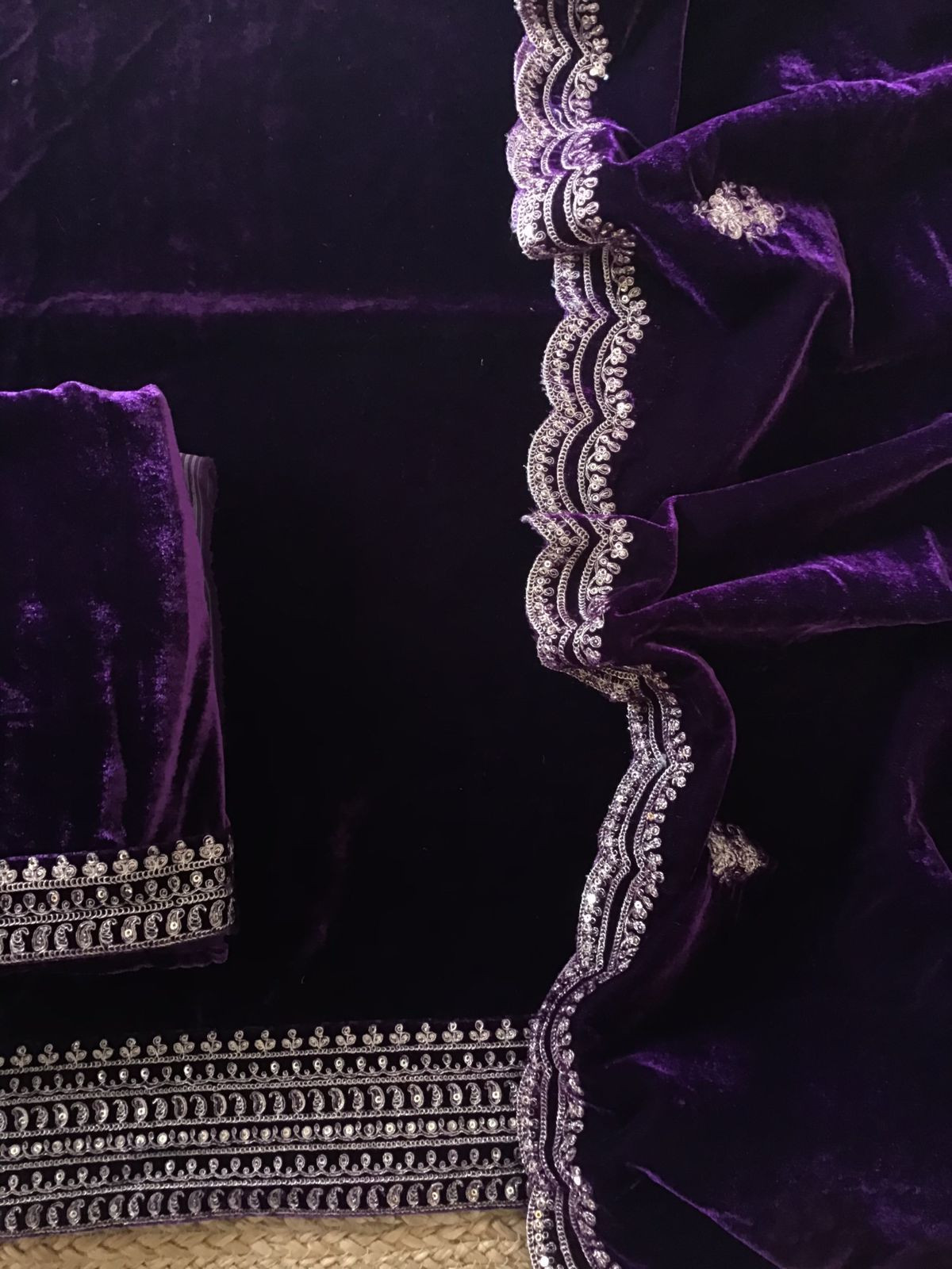 Soft Fine Heavy Velvet Embroidered Suit - Violet