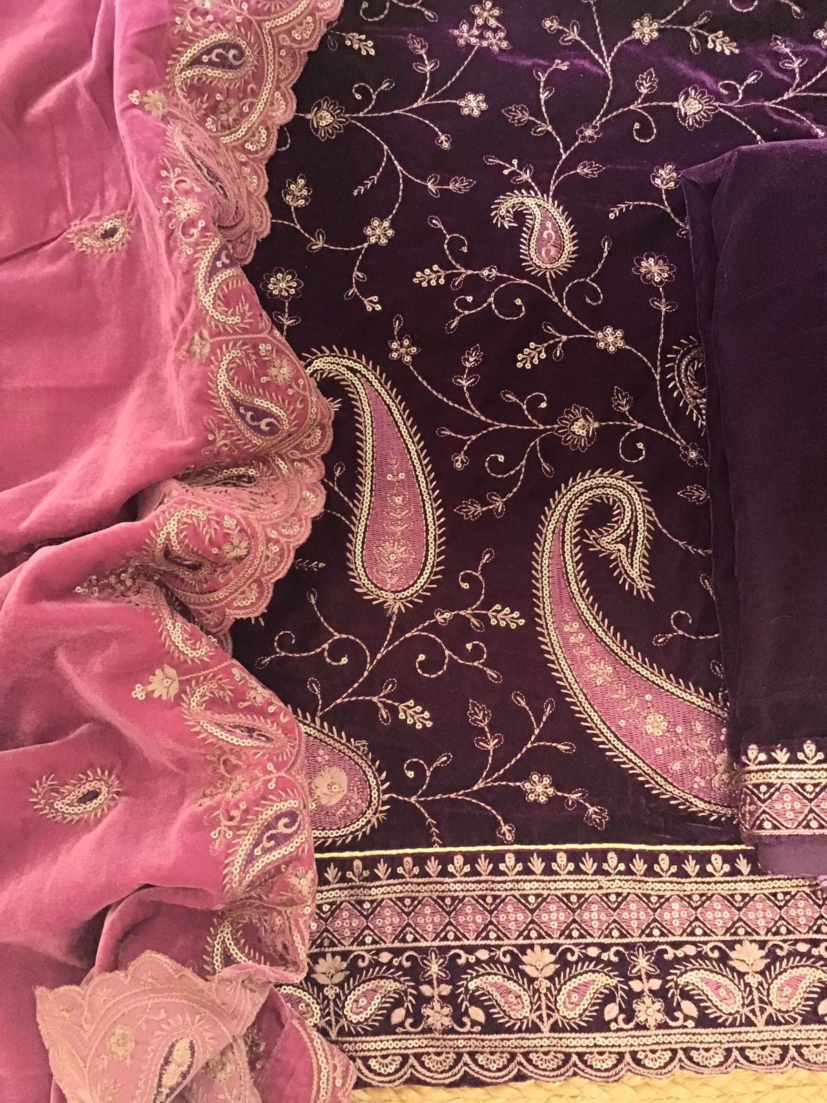 Soft Fine Heavy Velvet Embroidered Suit - Wine