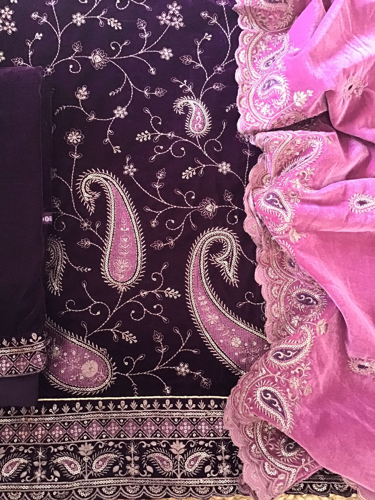 Soft Fine Heavy Velvet Embroidered Suit - Wine