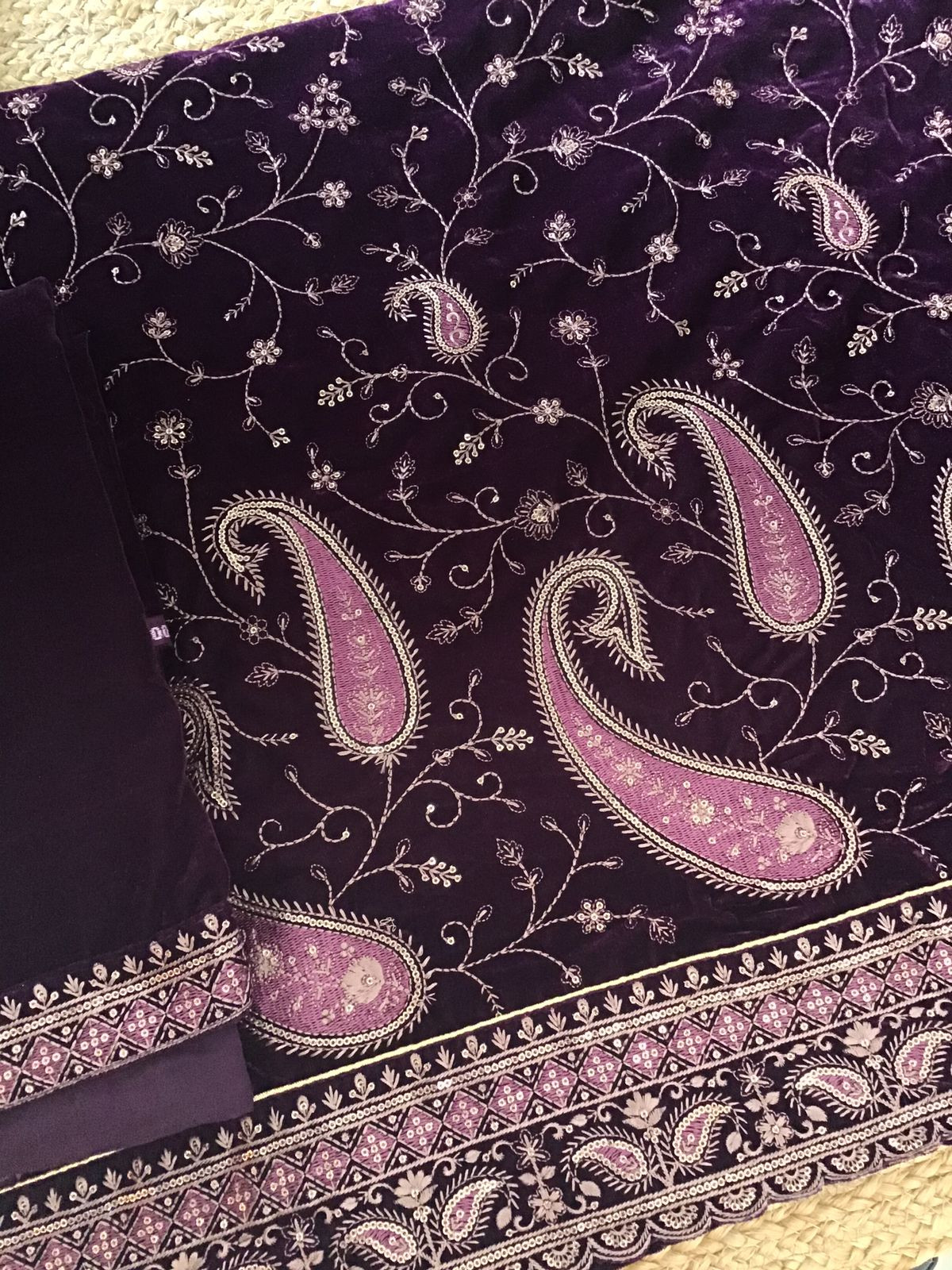 Soft Fine Heavy Velvet Embroidered Suit - Wine