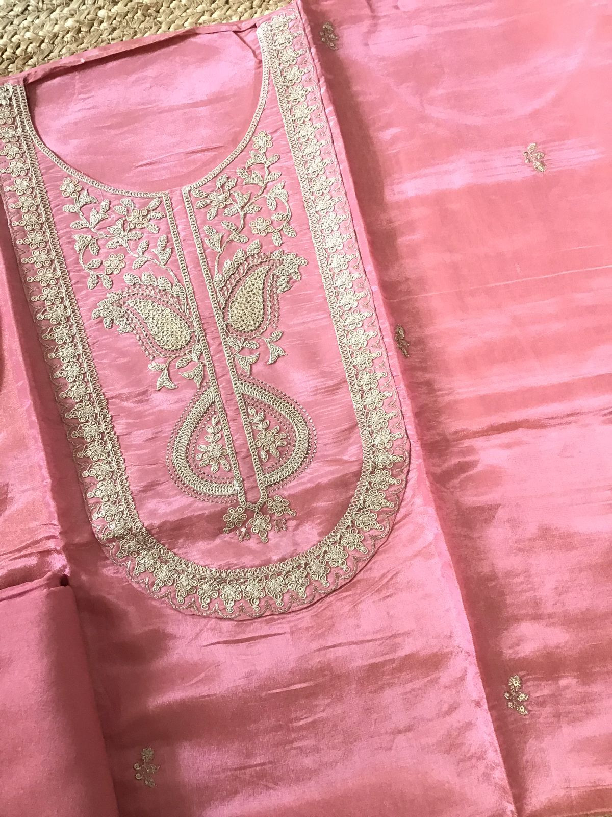 Soft Shimmer Silk Embroidered Suit - Pink