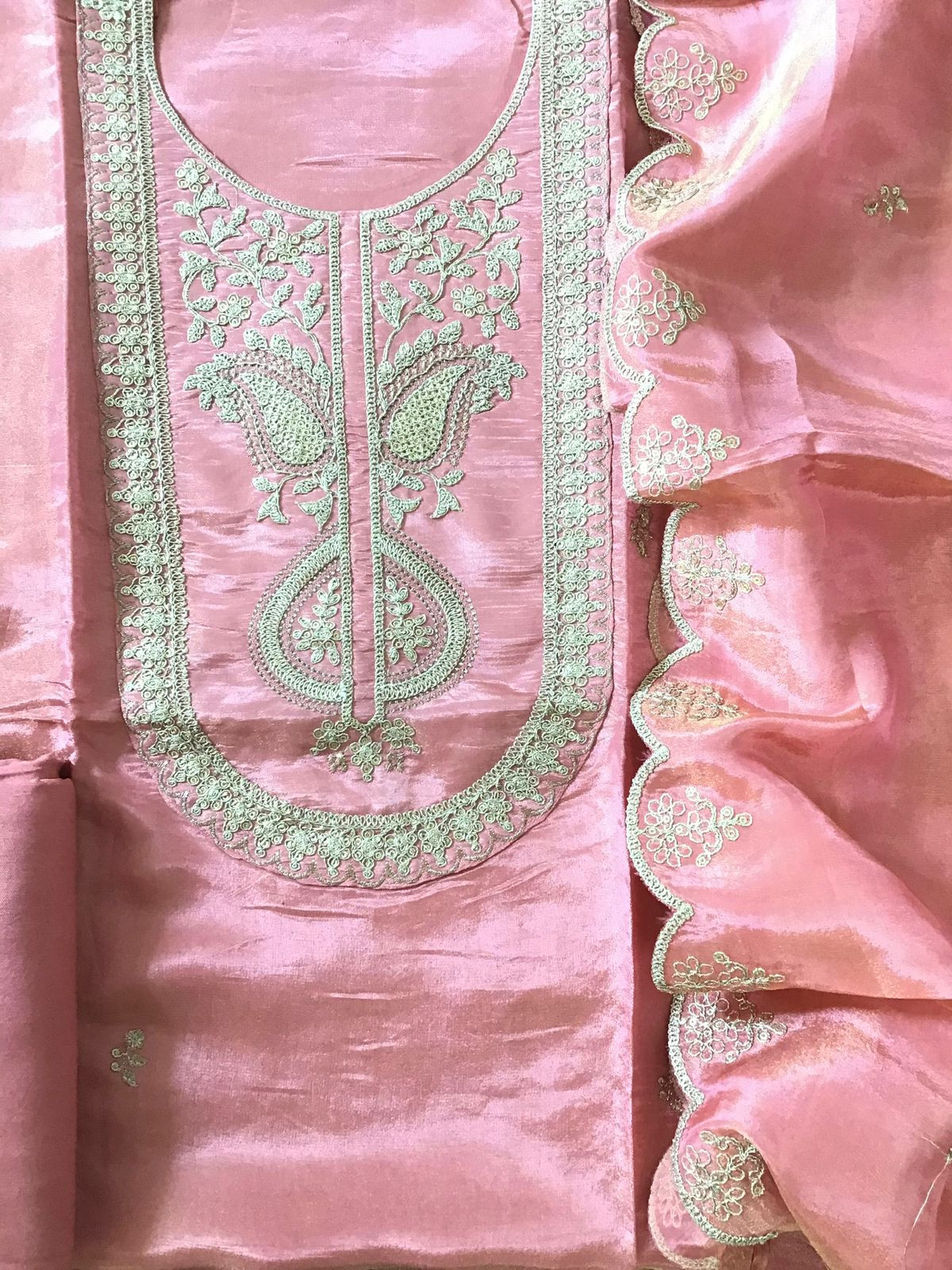 Soft Shimmer Silk Embroidered Suit - Pink