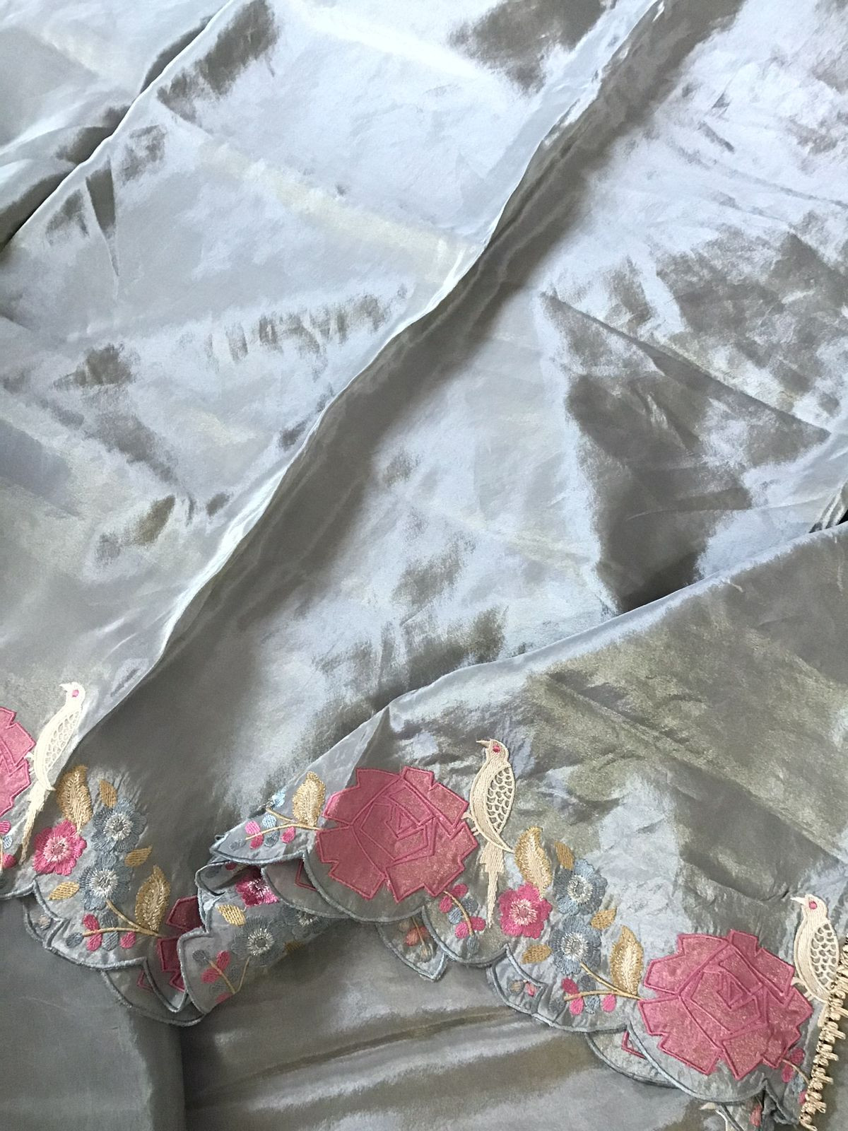 Soft Shimmer Silk Embroidered Suit - Grey