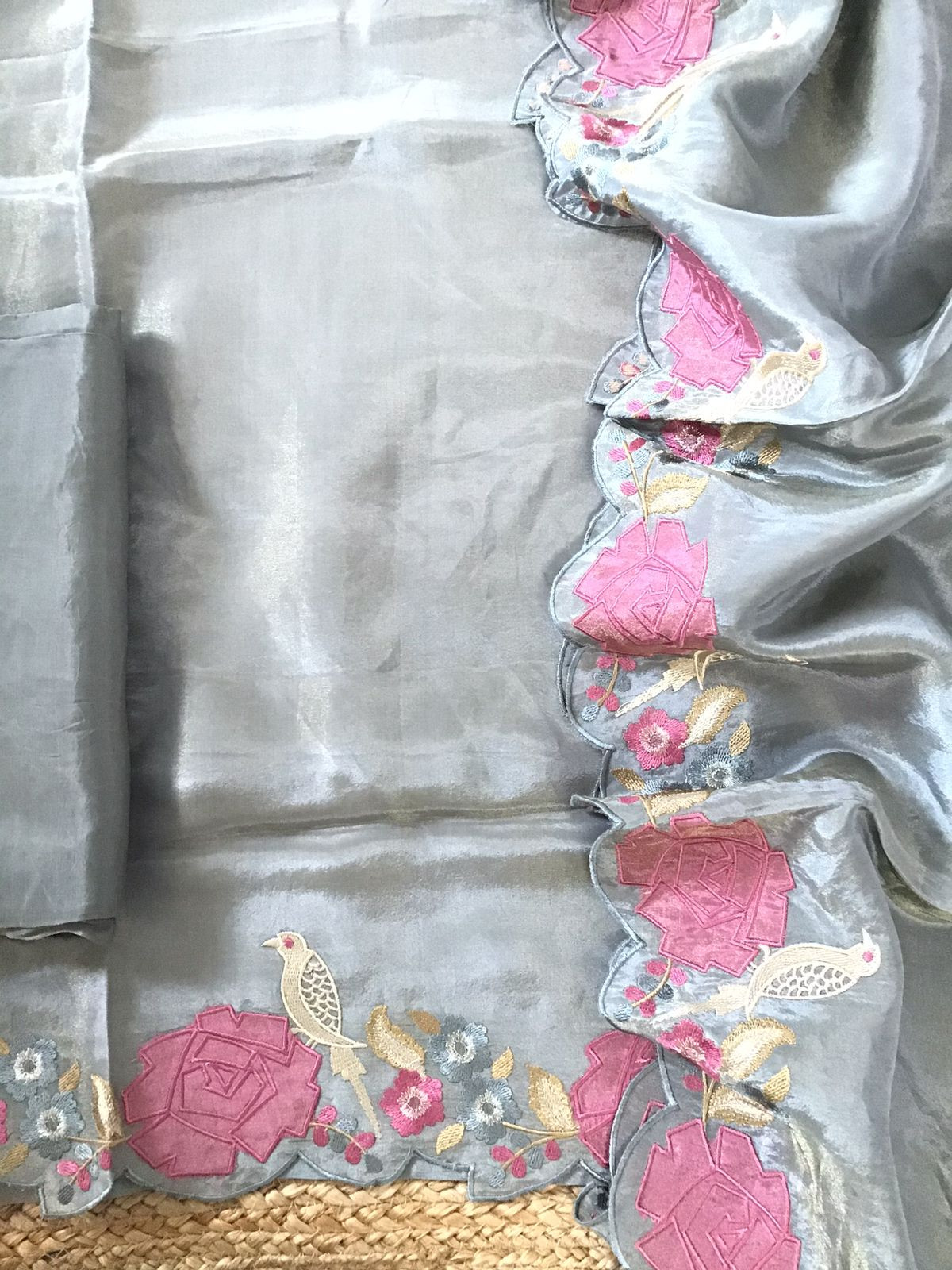 Soft Shimmer Silk Embroidered Suit - Grey