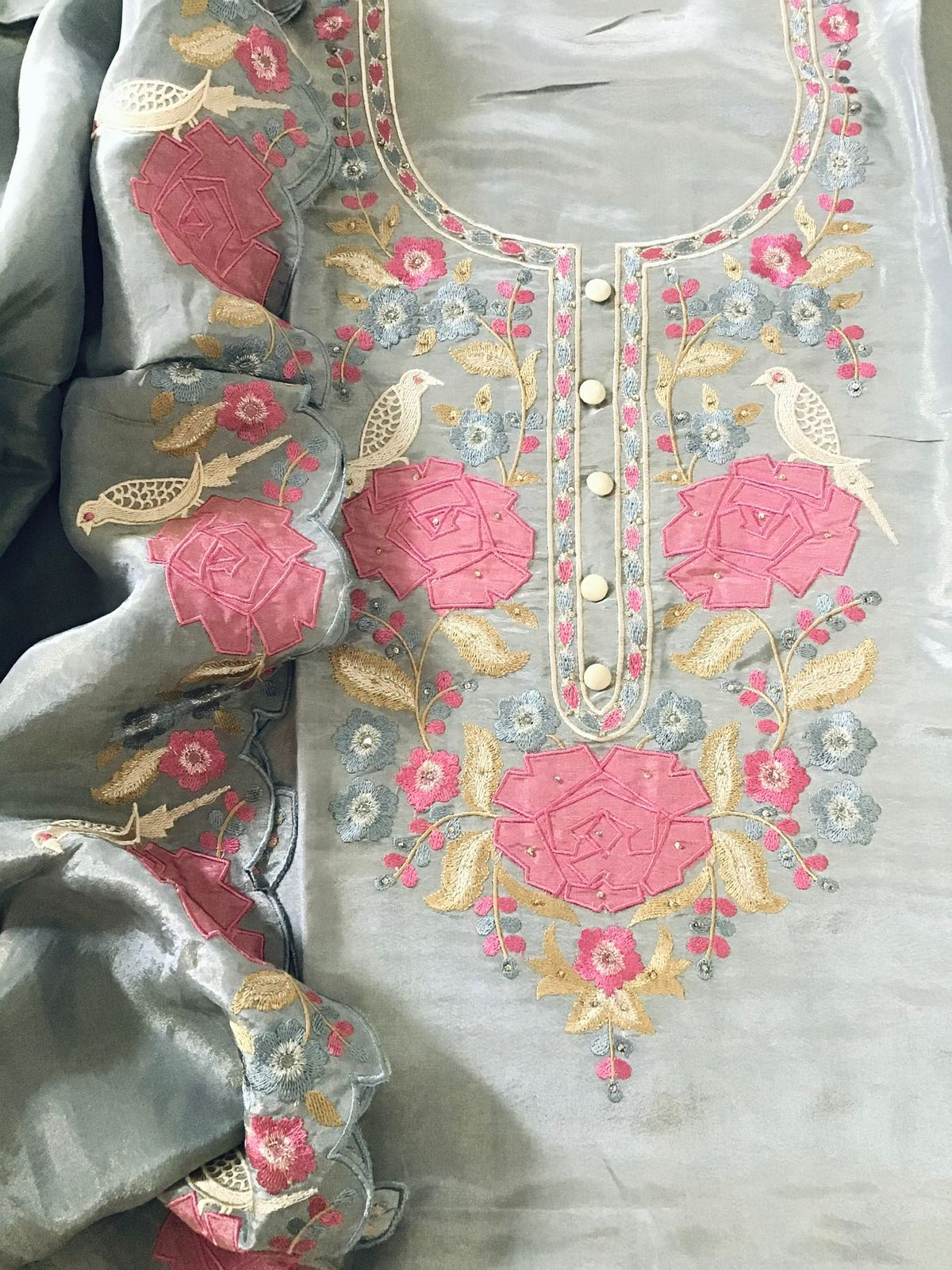 Soft Shimmer Silk Embroidered Suit - Grey
