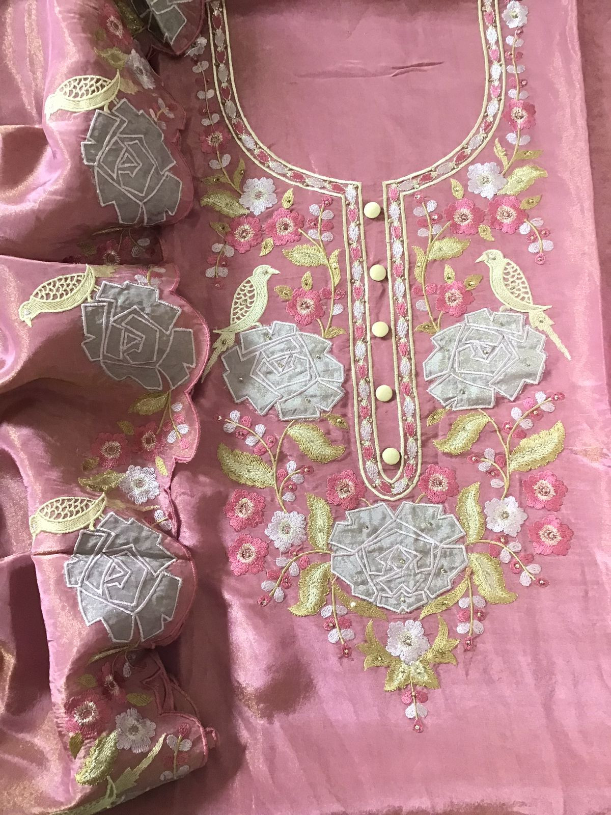 Soft Shimmer Silk Embroidered Suit - Pink