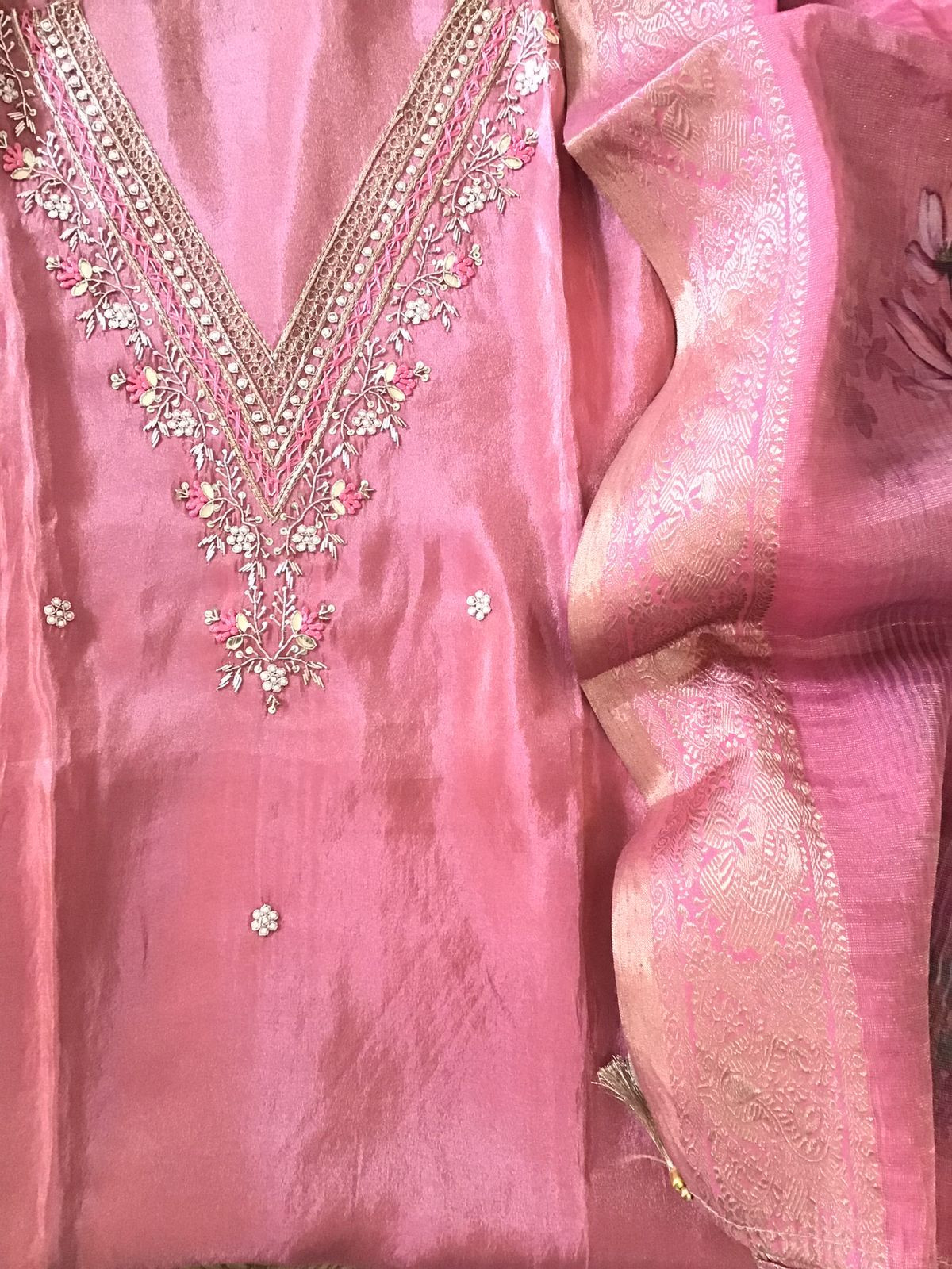 Soft Shimmer Silk Embroidered Suit - Pink