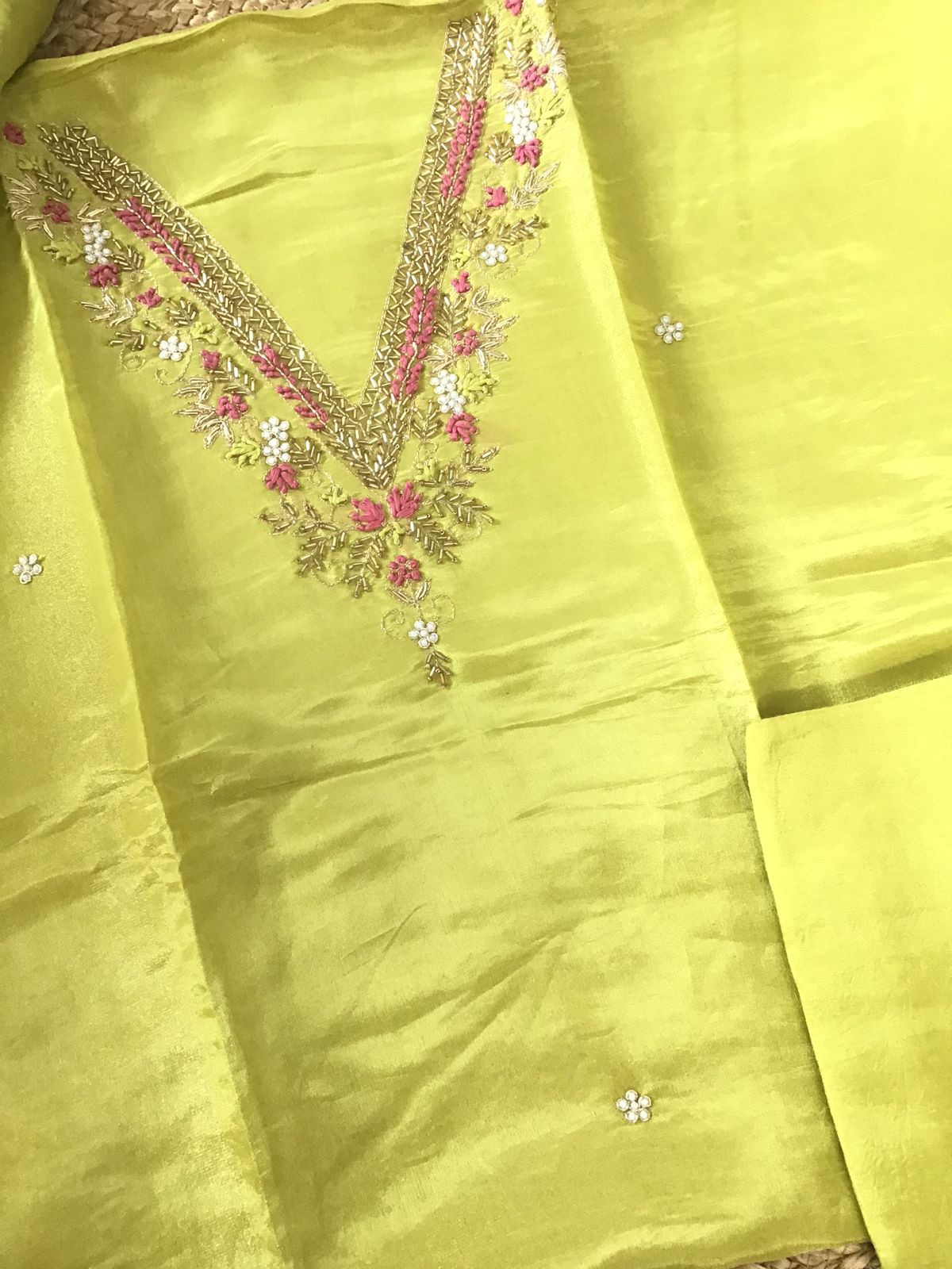 Soft Shimmer Silk Embroidered Suit - Lime Green