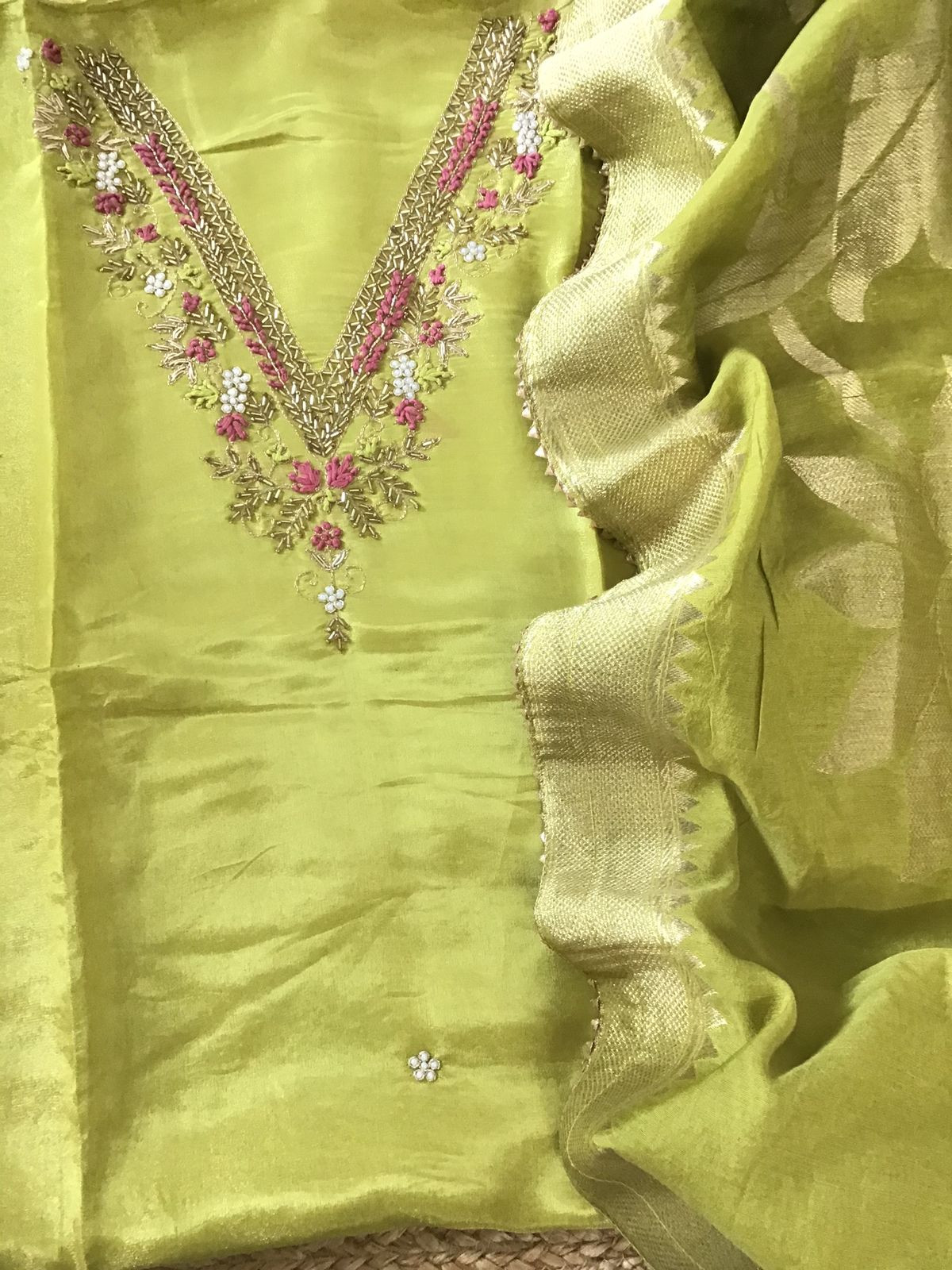 Soft Shimmer Silk Embroidered Suit - Lime Green
