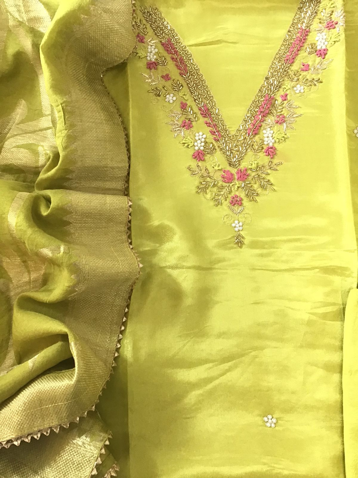 Soft Shimmer Silk Embroidered Suit - Lime Green