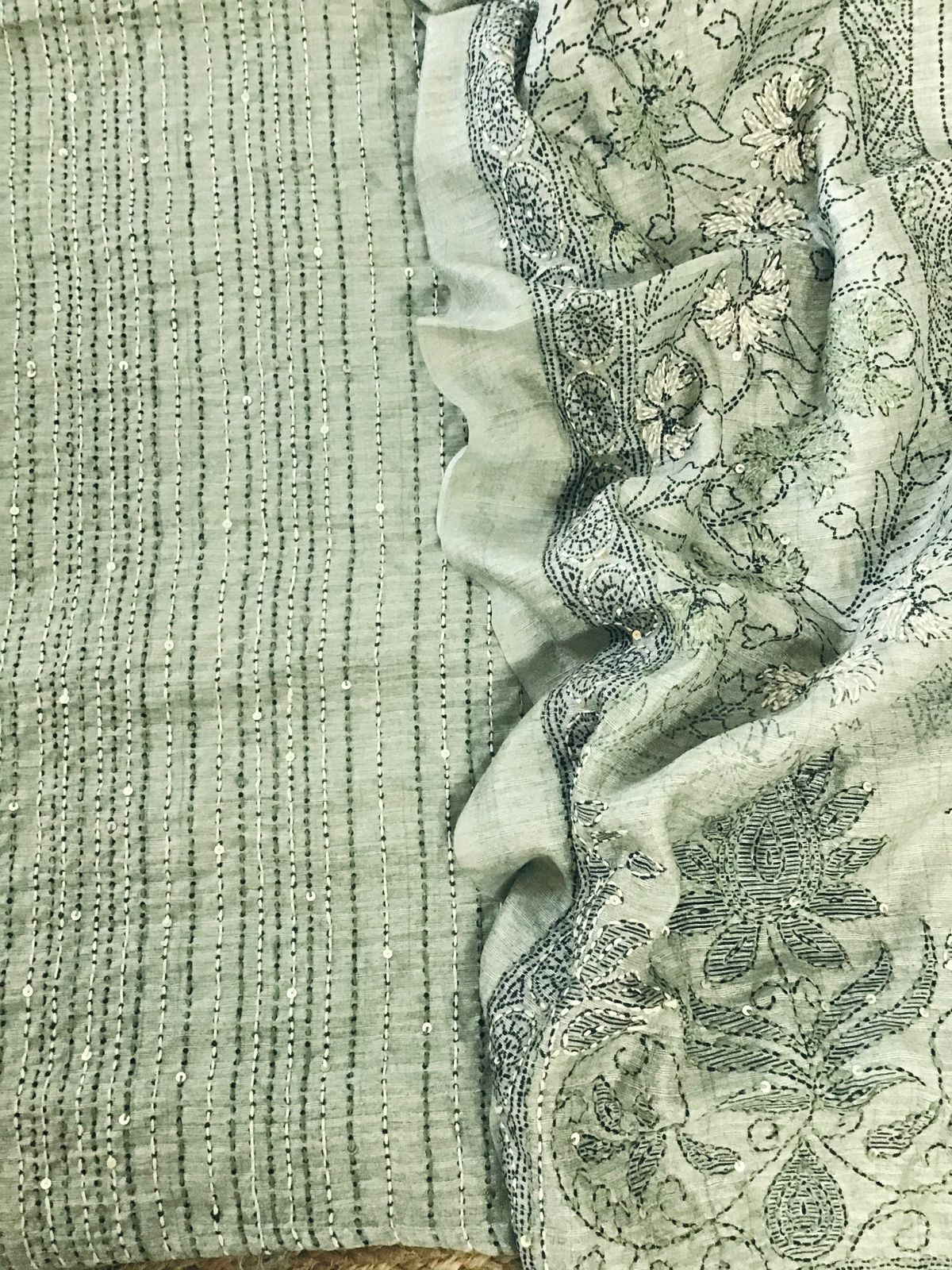 Soft Fine Raw Silk Embroidered Suit - Green