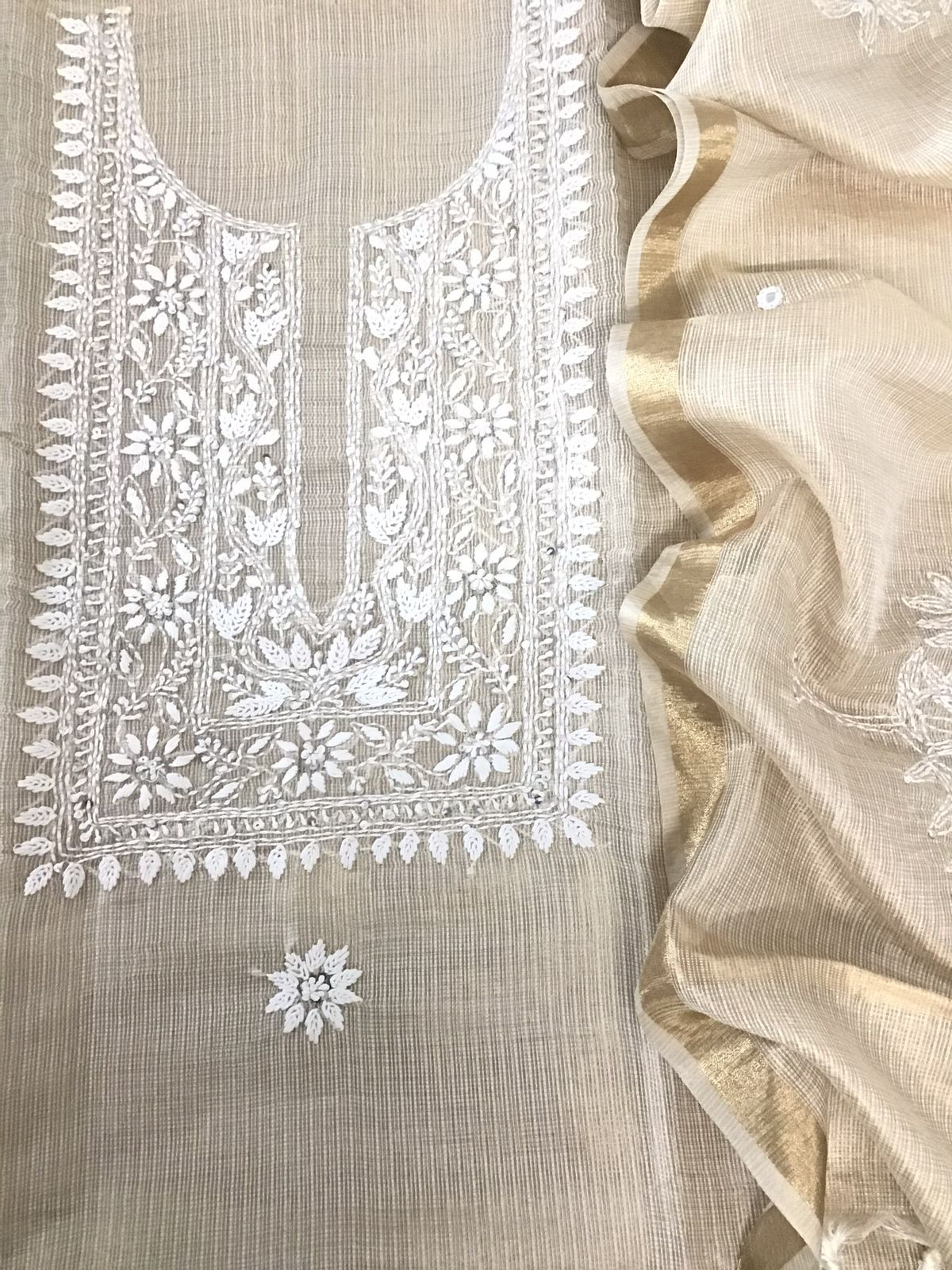 Pure Fine Tissue Kota Silk Embroidered Suit - Beige
