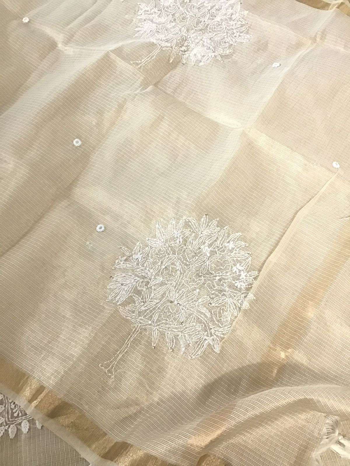 Pure Fine Tissue Kota Silk Embroidered Suit - Beige