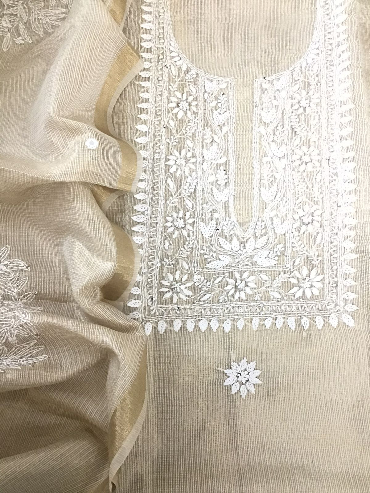 Pure Fine Tissue Kota Silk Embroidered Suit - Beige