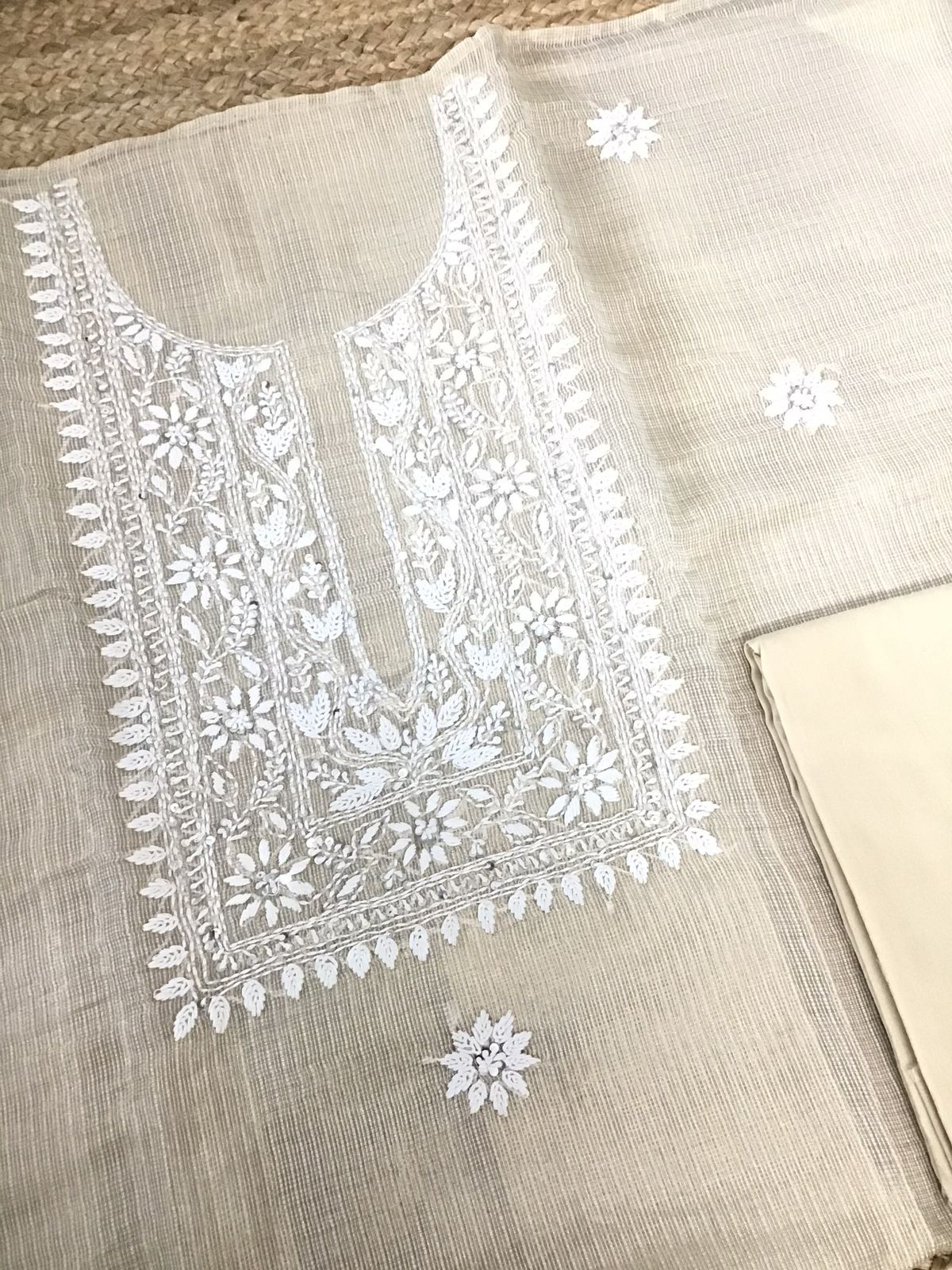 Pure Fine Tissue Kota Silk Embroidered Suit - Beige