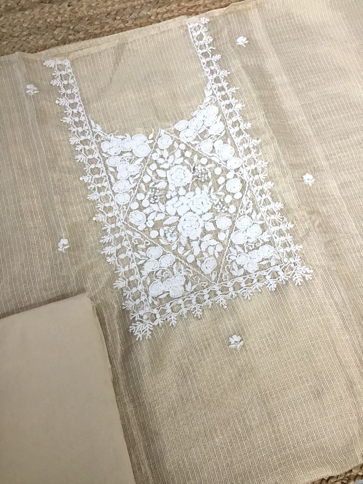 Pure Fine Tissue Kota Silk Embroidered Suit - Beige