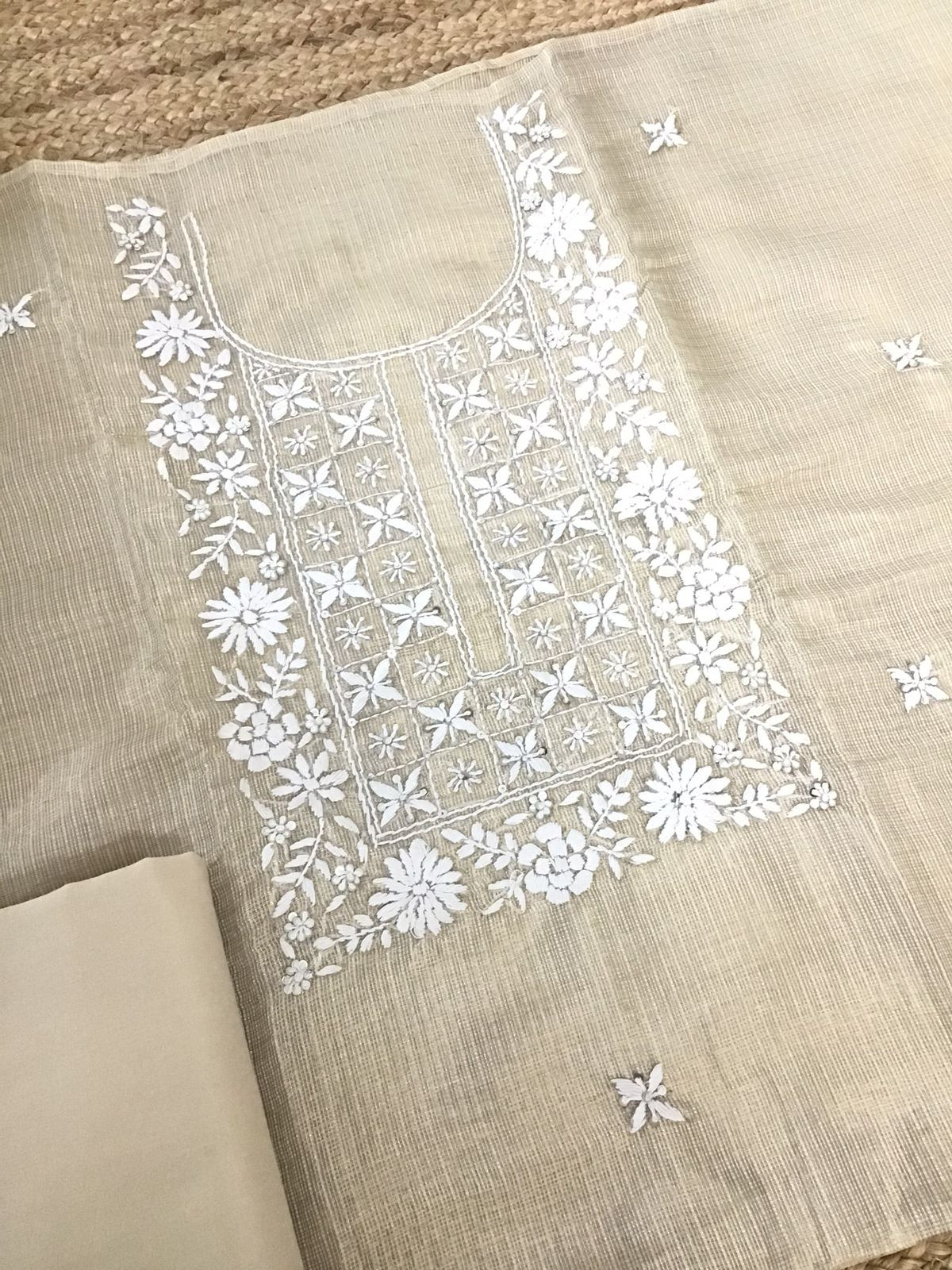 Pure Fine Tissue Kota Silk Embroidered Suit - Beige