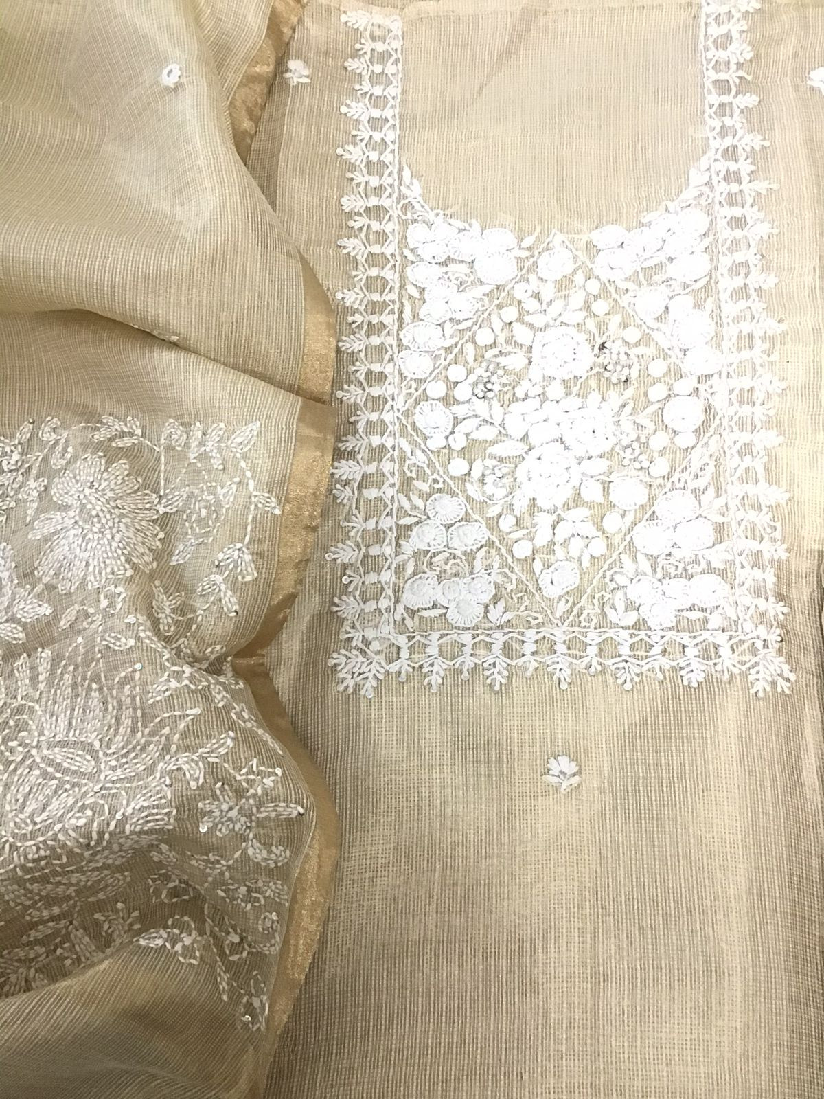 Pure Fine Tissue Kota Silk Embroidered Suit - Beige