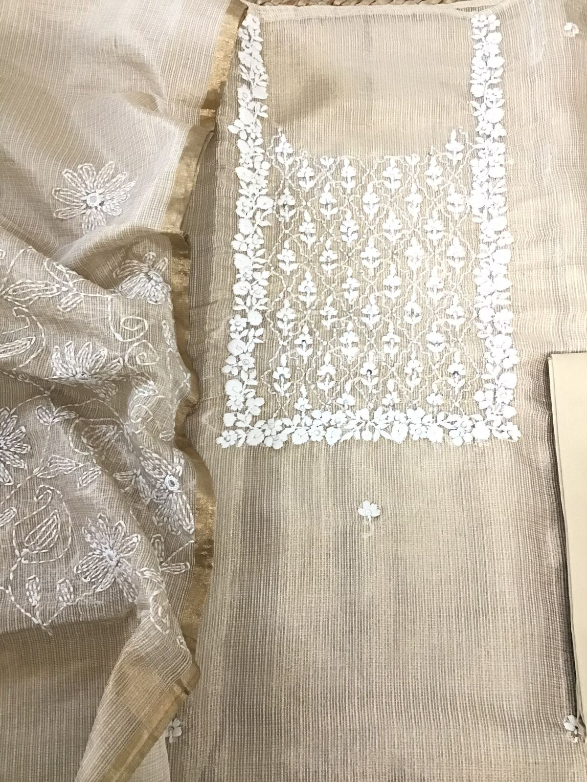 Pure Fine Tissue Kota Silk Embroidered Suit - Beige