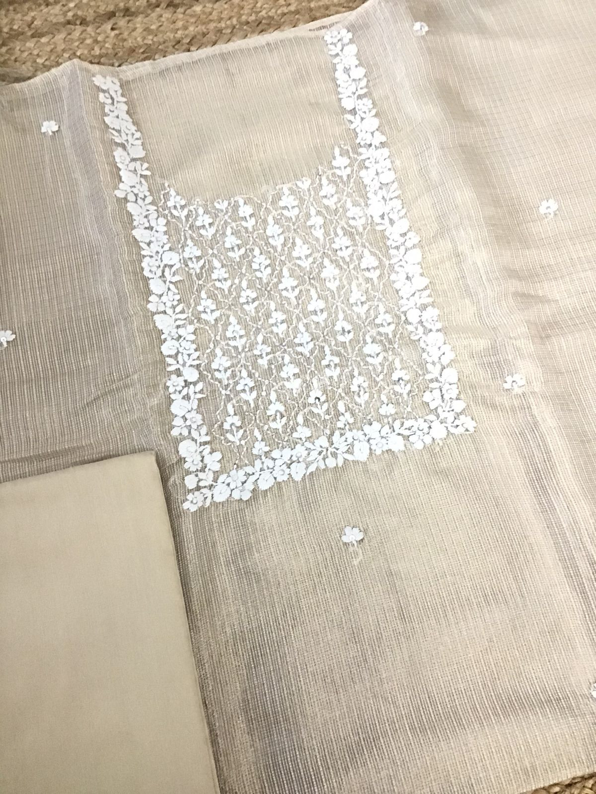 Pure Fine Tissue Kota Silk Embroidered Suit - Beige