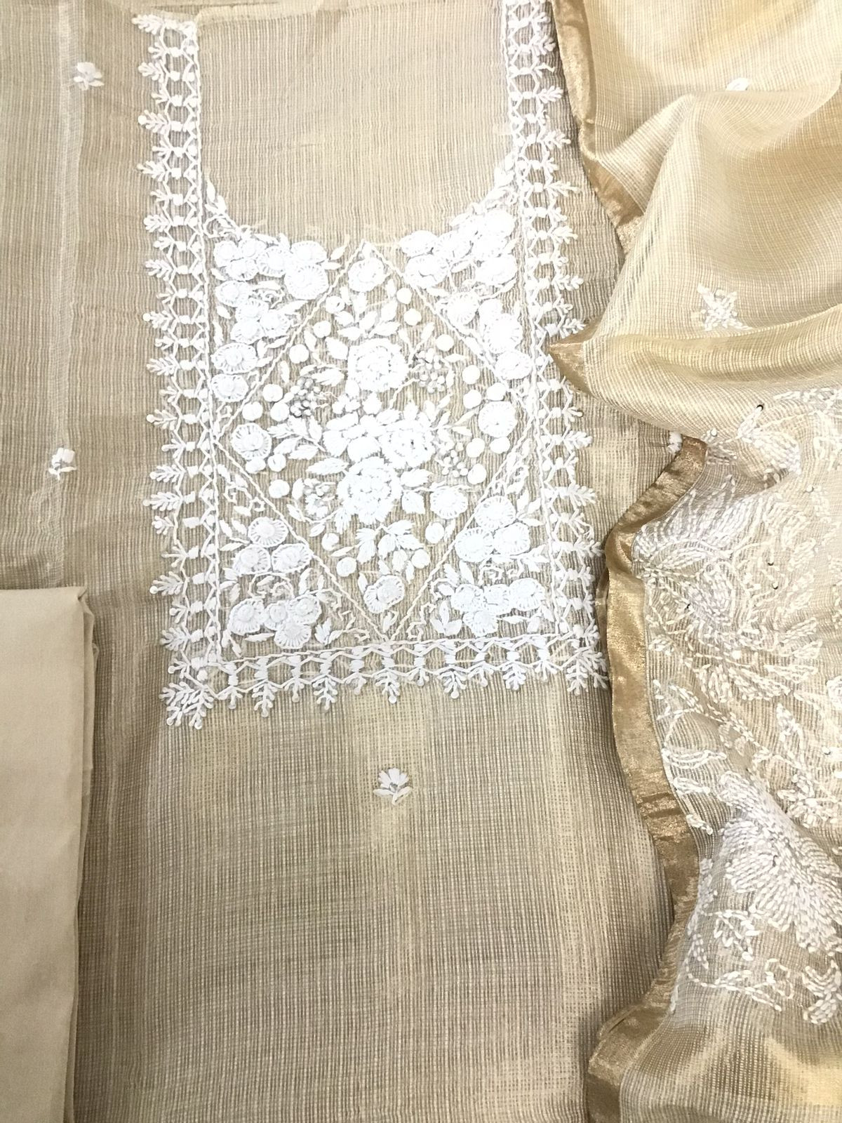 Pure Fine Tissue Kota Silk Embroidered Suit - Beige