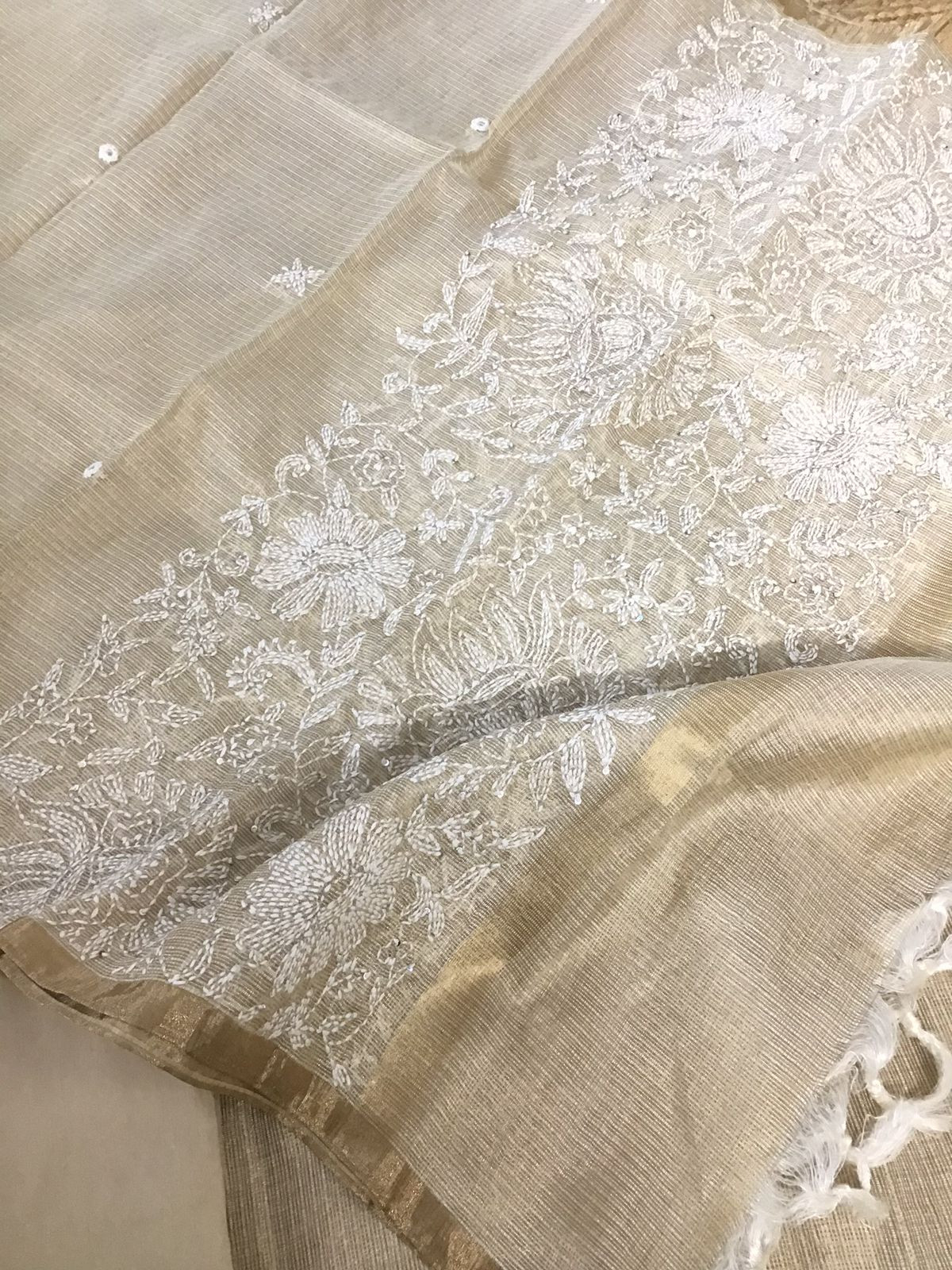 Pure Fine Tissue Kota Silk Embroidered Suit - Beige