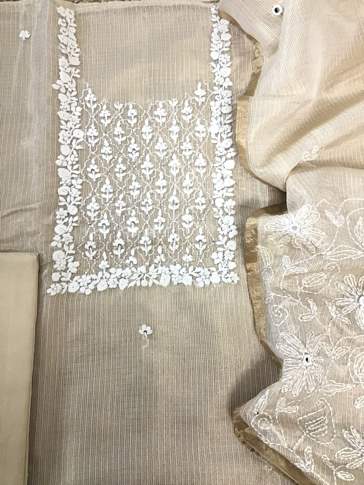 Pure Fine Tissue Kota Silk Embroidered Suit - Beige