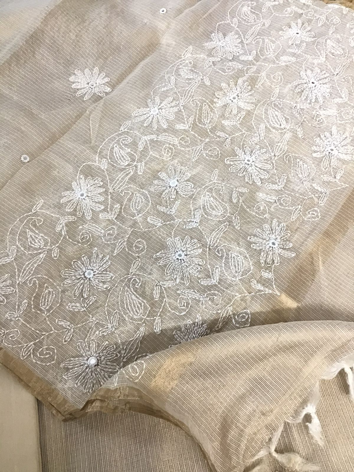 Pure Fine Tissue Kota Silk Embroidered Suit - Beige