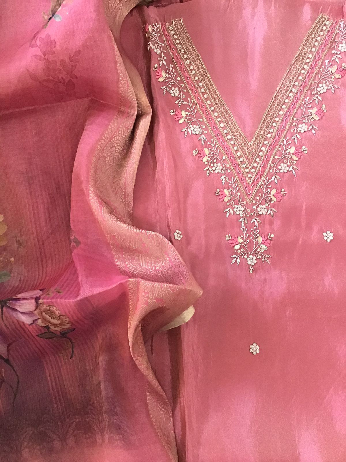 Soft Shimmer Silk Embroidered Suit - Pink