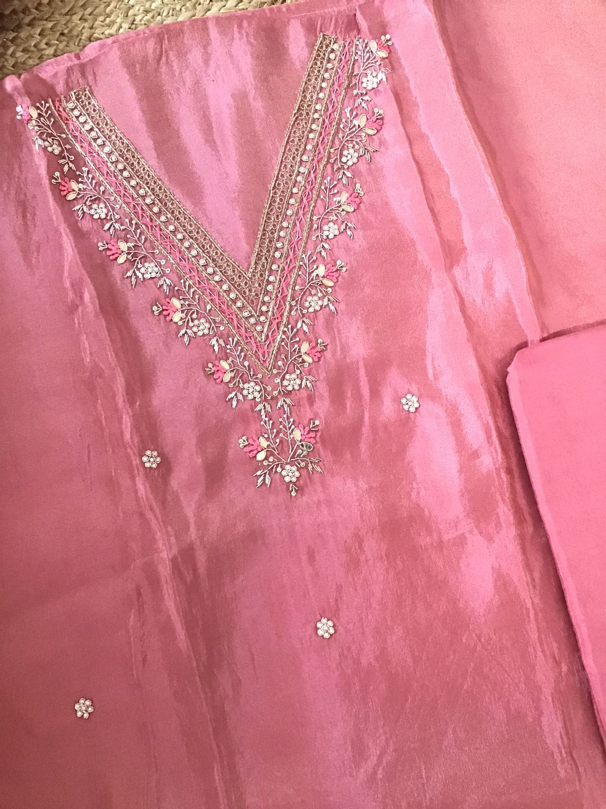 Soft Shimmer Silk Embroidered Suit - Pink