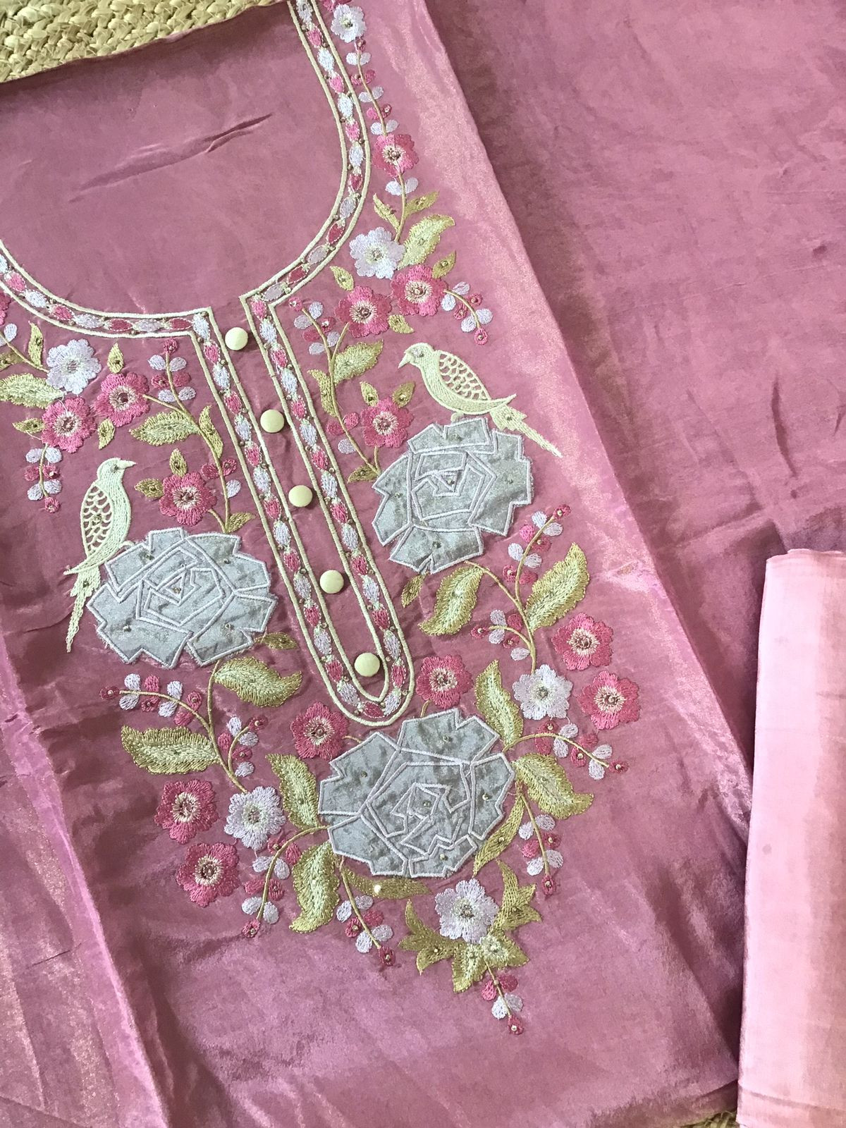 Soft Shimmer Silk Embroidered Suit - Pink