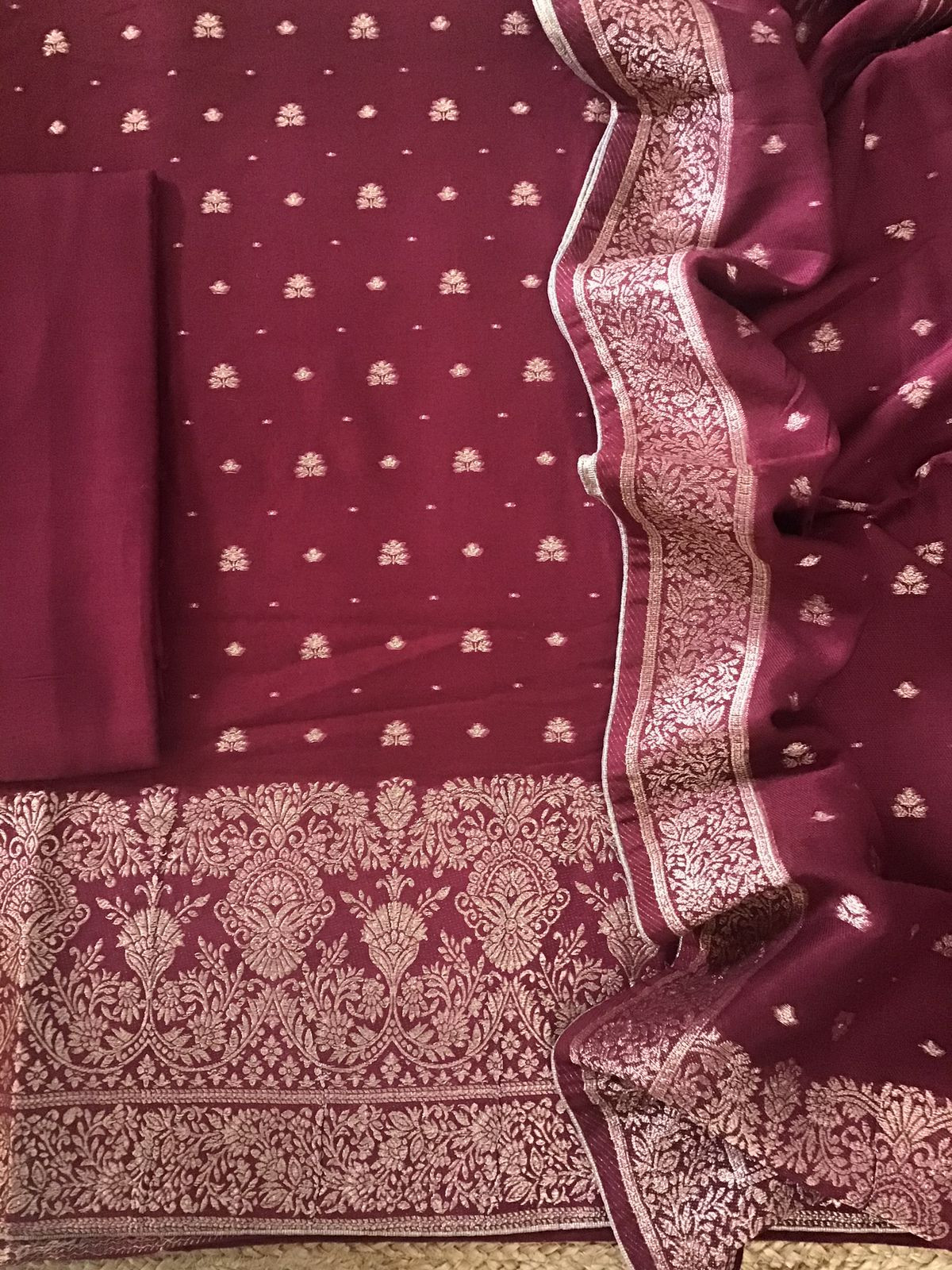 Soft Woollen Slub Silk Banarasi Weaved Suit - Maroon