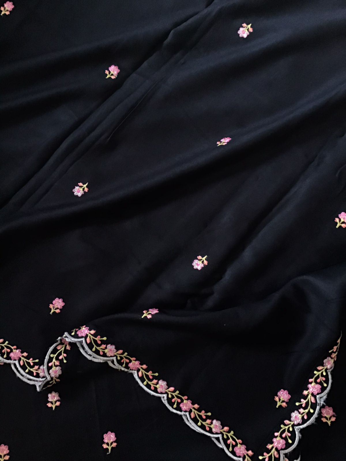 Soft Woollen Slub Silk Embroidered Suit - Black