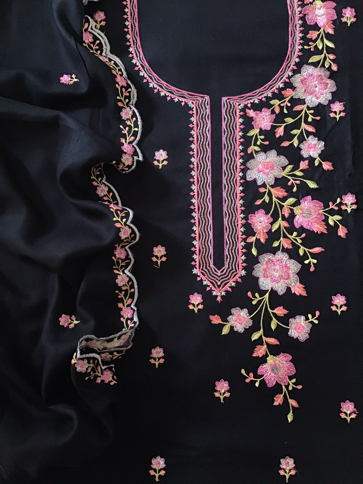 Soft Woollen Slub Silk Embroidered Suit - Black