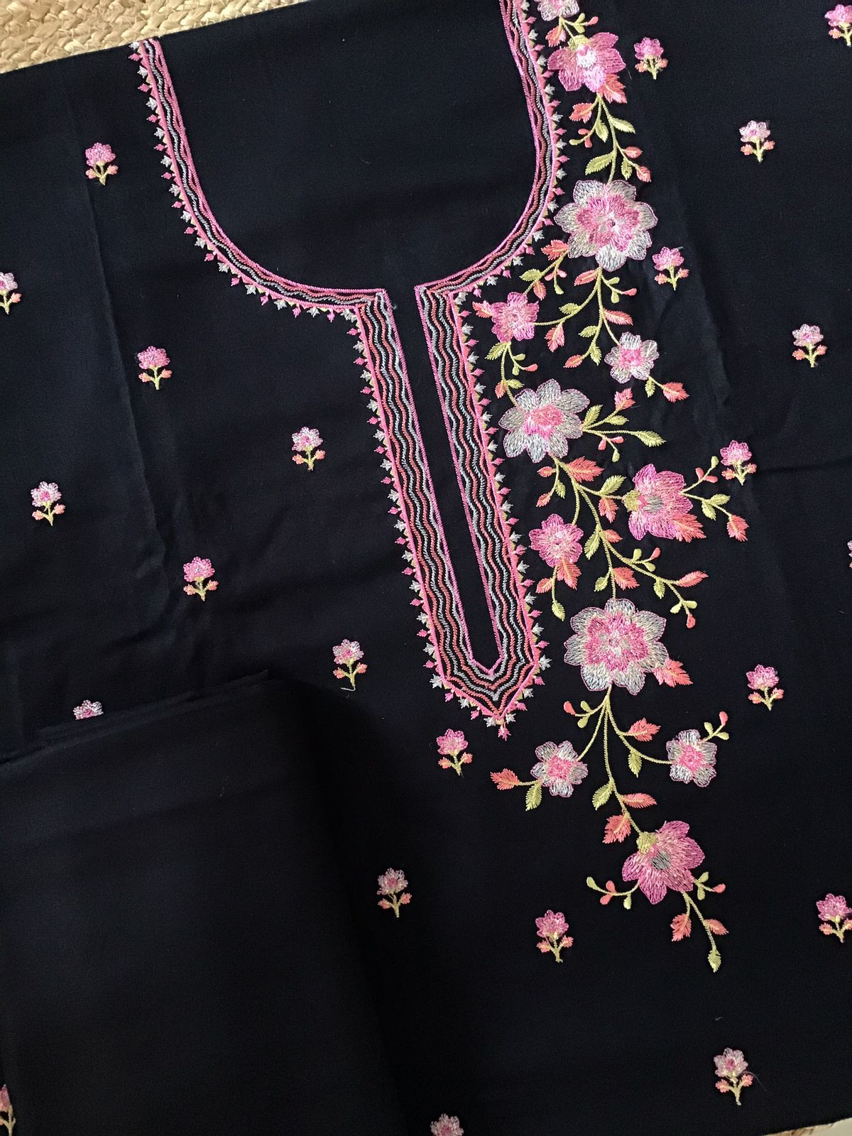 Soft Woollen Slub Silk Embroidered Suit - Black