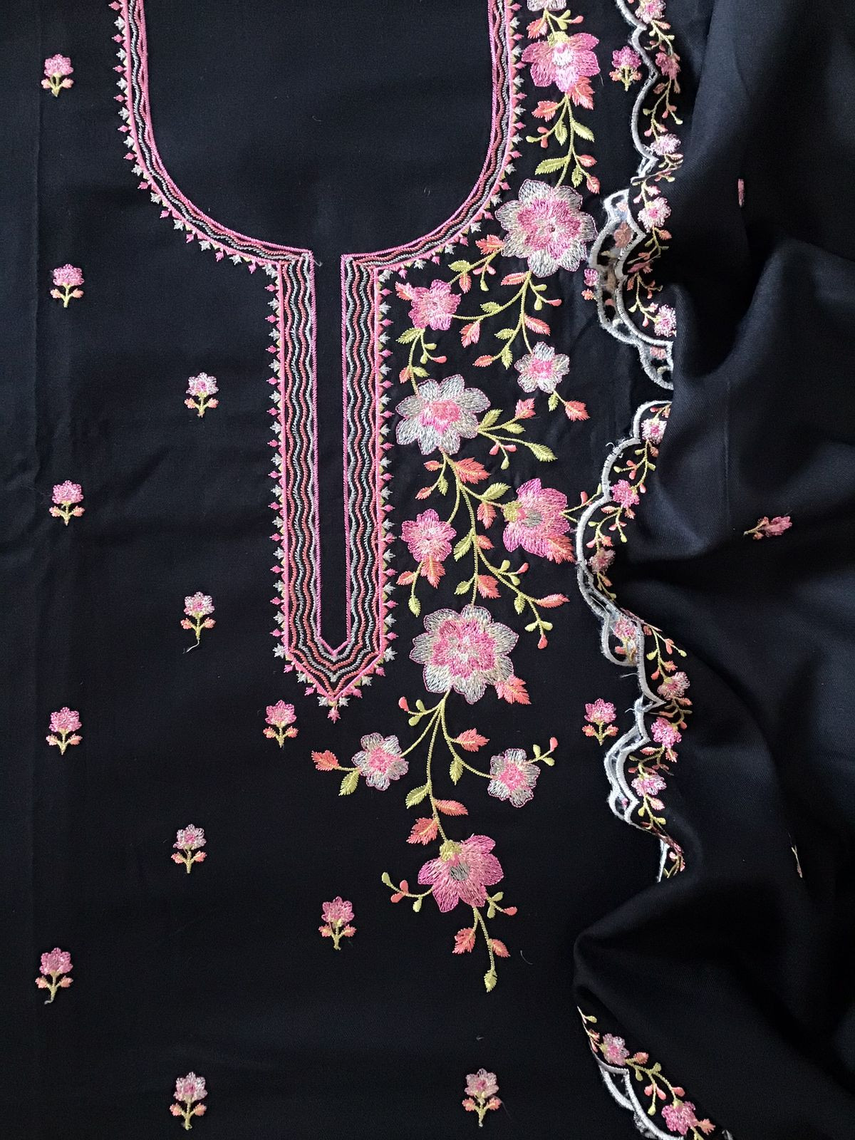 Soft Woollen Slub Silk Embroidered Suit - Black