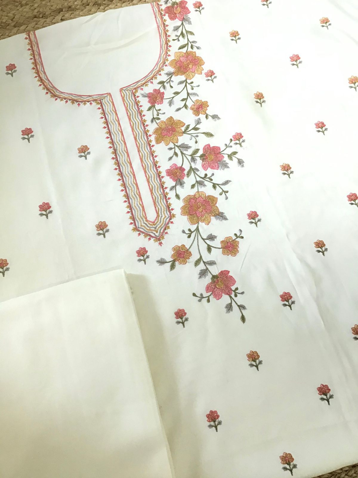 Soft Woollen Slub Silk Embroidered Suit - Offwhite