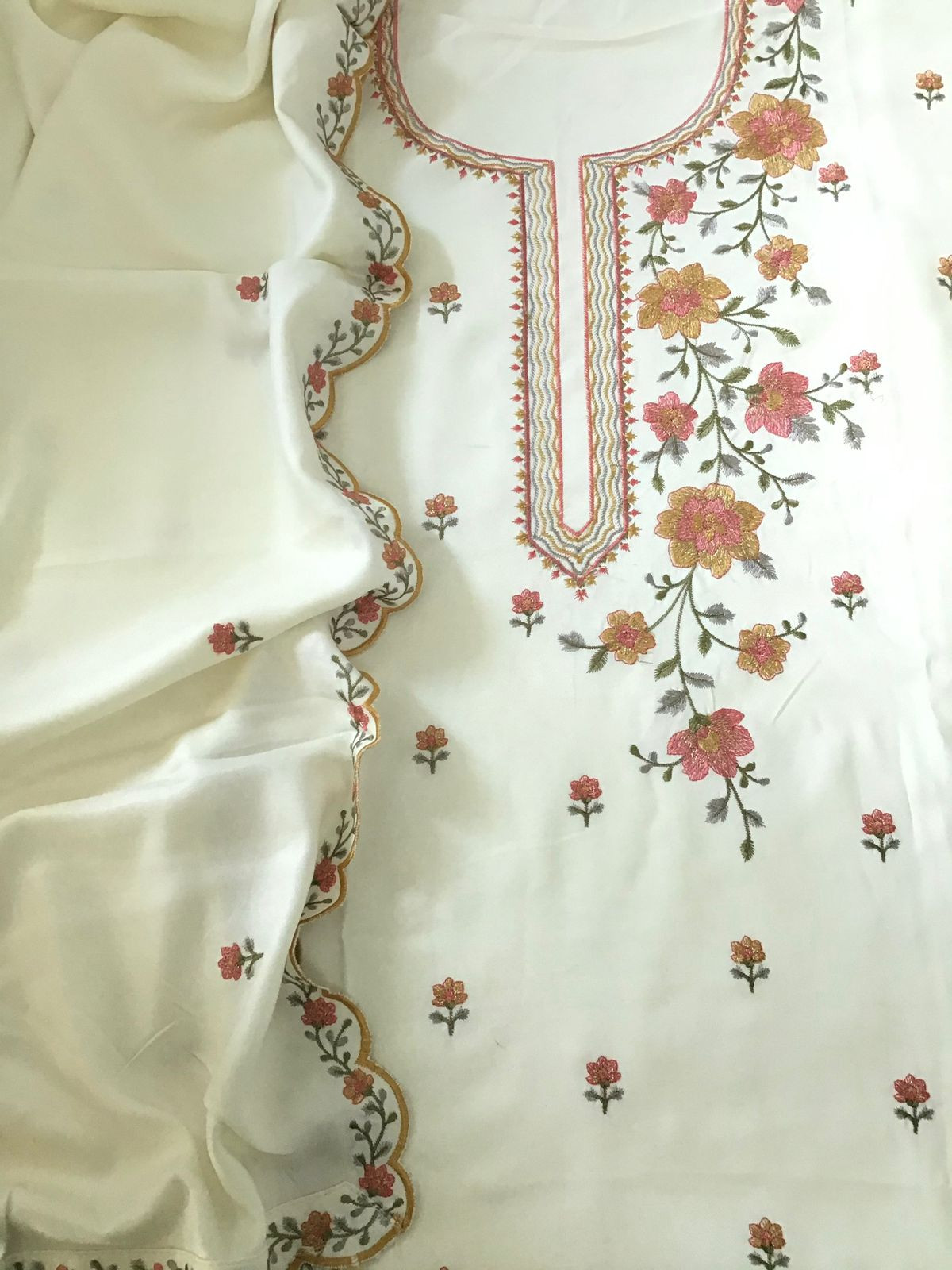 Soft Woollen Slub Silk Embroidered Suit - Offwhite