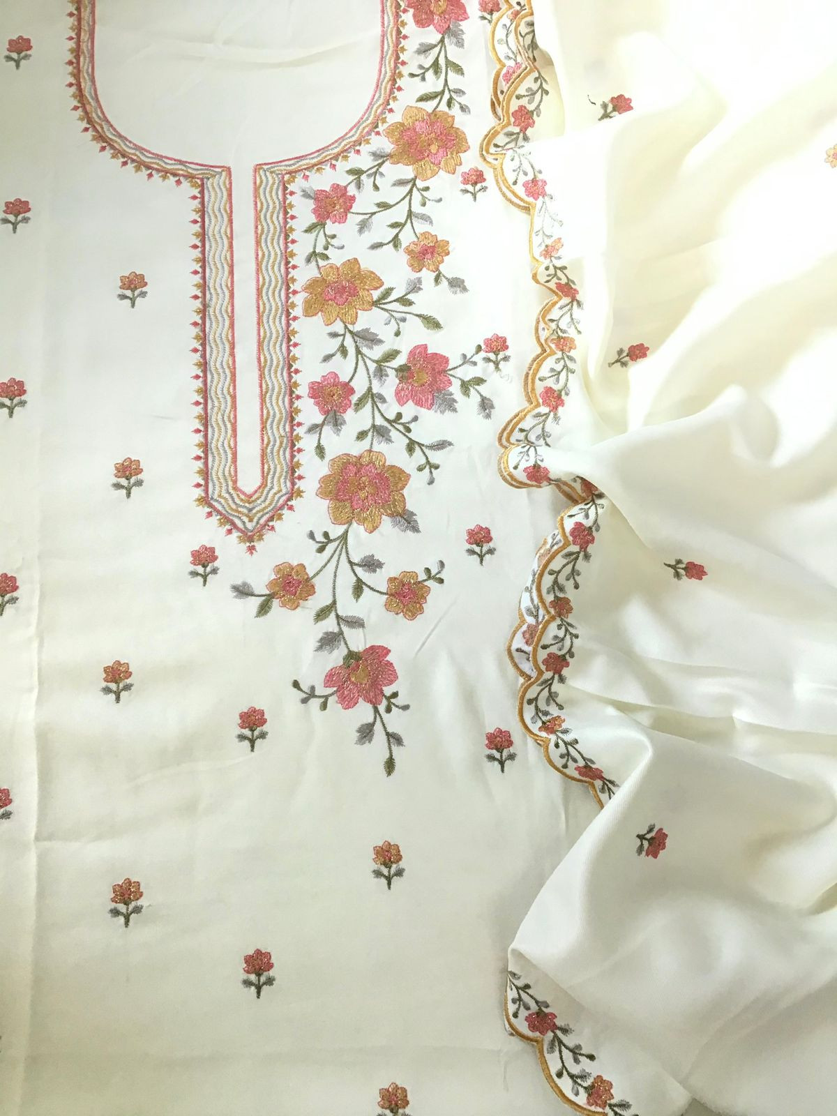 Soft Woollen Slub Silk Embroidered Suit - Offwhite